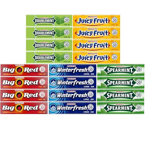 Wrigley's Doublemint, menta verde, fruta jugosa, rojo grande, goma de mascar Winterfresh  4 paquetes de cada uno (5 sabores)  Surtido de variedad