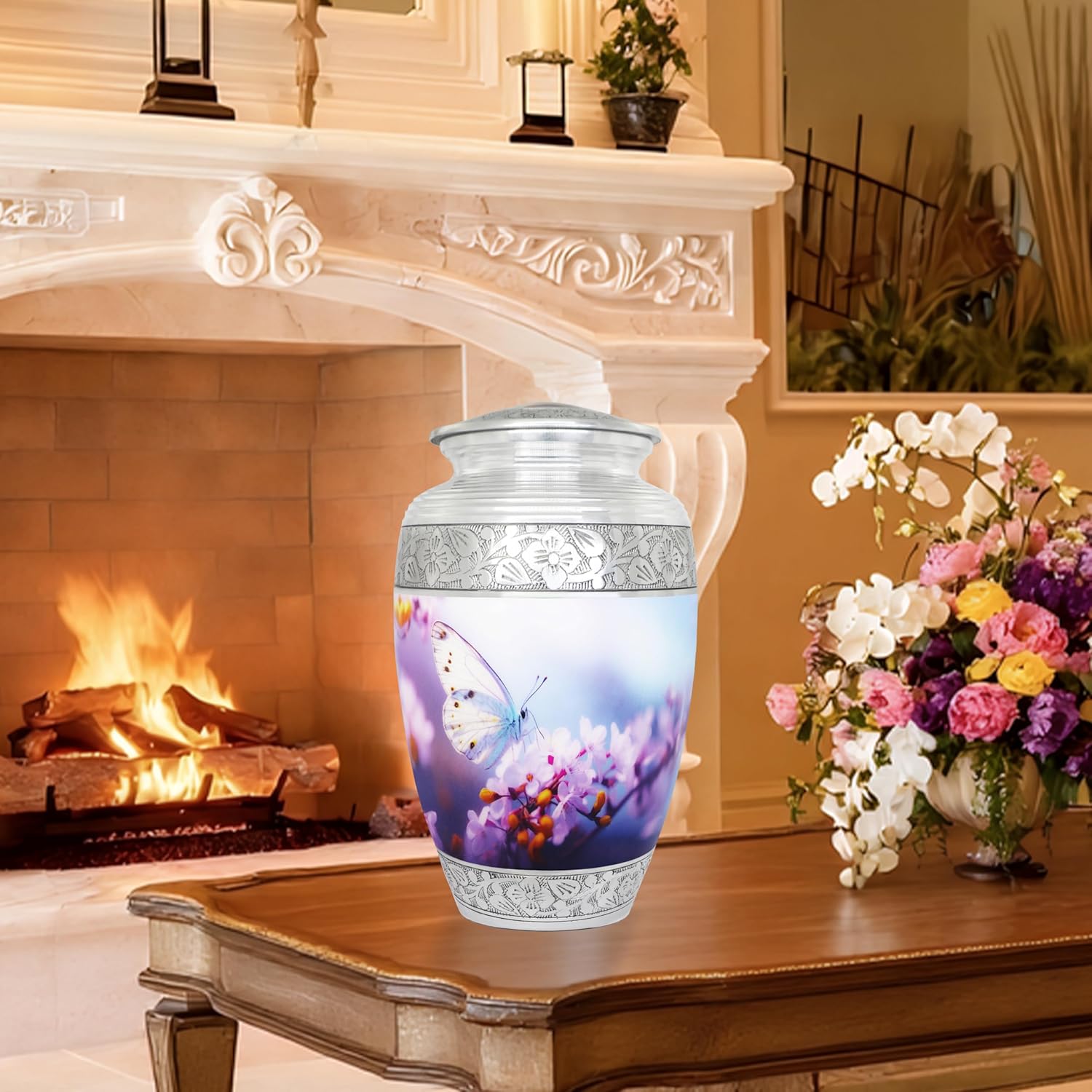 Urn for Ashes for Women or Man, Cremation Urns for Human Ashes Adult Female and Male, Funeral Decorative Urns, Burial Urn, Hand Engraving, Blue Butterfly & Pink Flower - Large Full Size - Image 7