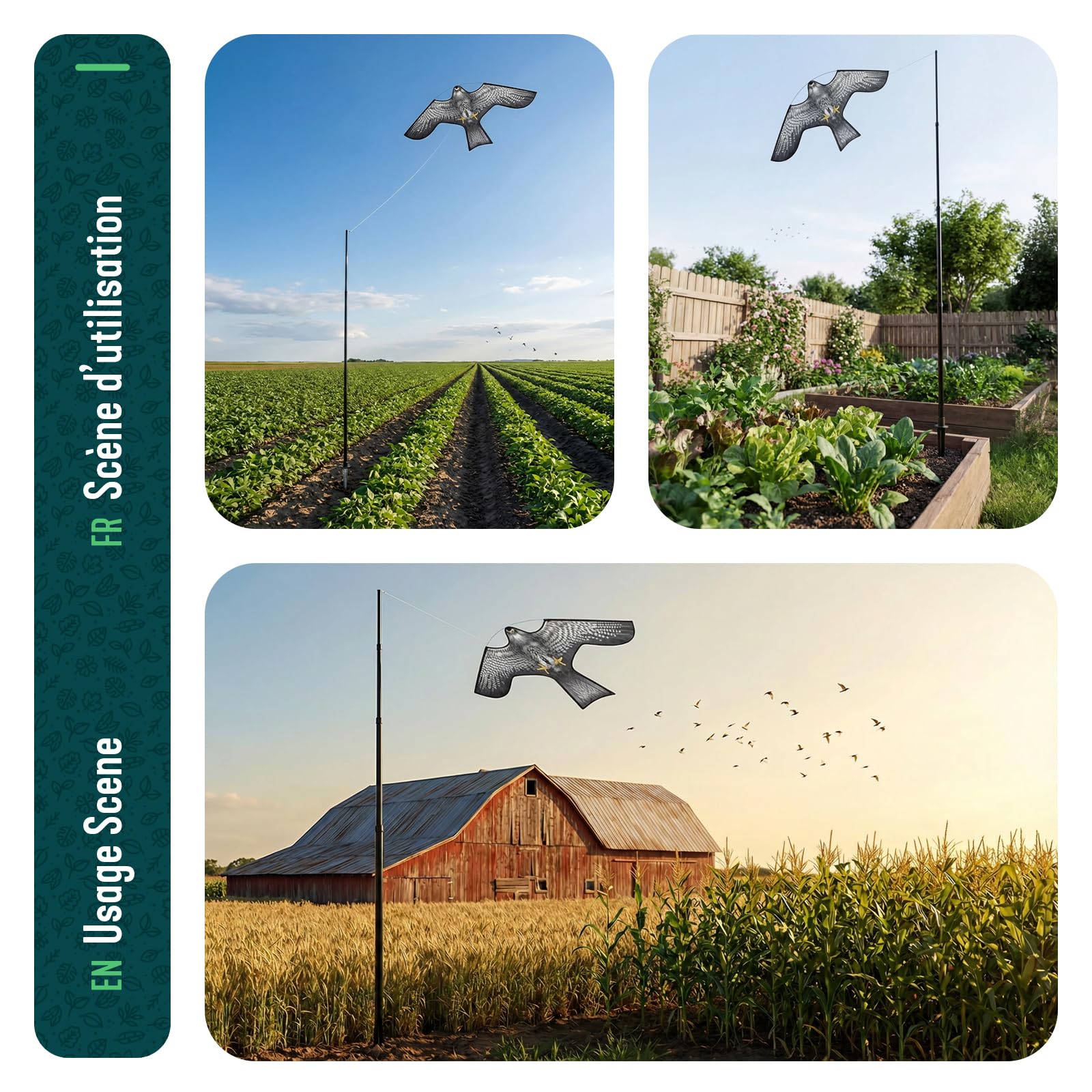 VOUNOT® Vogelschreck Drachen, Vogelabwehr Falke Flugdrachen realistisch mit 4 m Teleskopstange, Vogelbekämpfung und zum Schutz der Ernte für Garten, Bauernhof & Feld, 2 Stück, Stil C & G