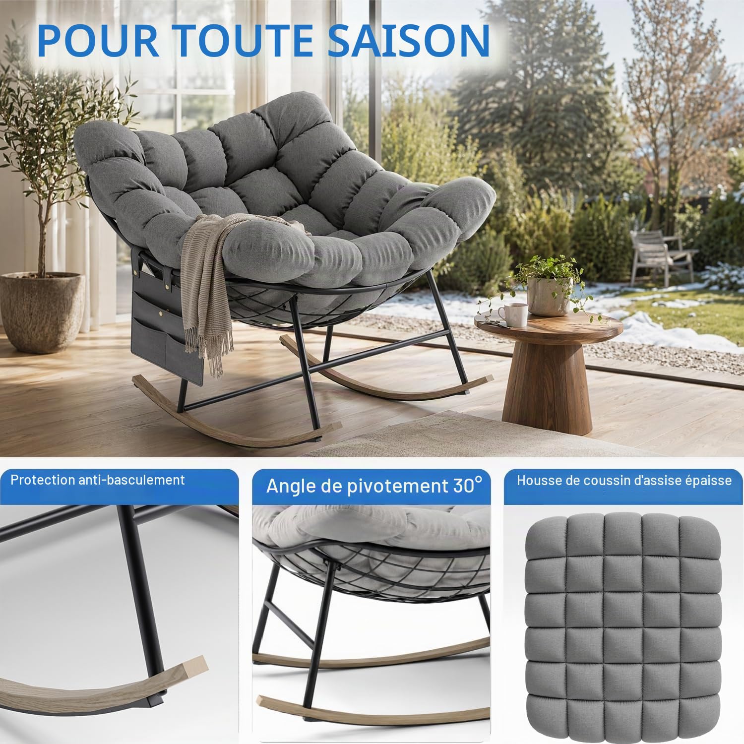 Fauteuil a Bascule Grand Extérieur avec Poche Latérale pour Salon, Jardin