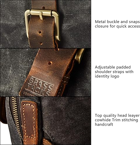 Miniatura 4 de Mochila de lona encerada para hombre Casual 15.6" Mochila para portátil, Negro Gris, Mochilas de mochila