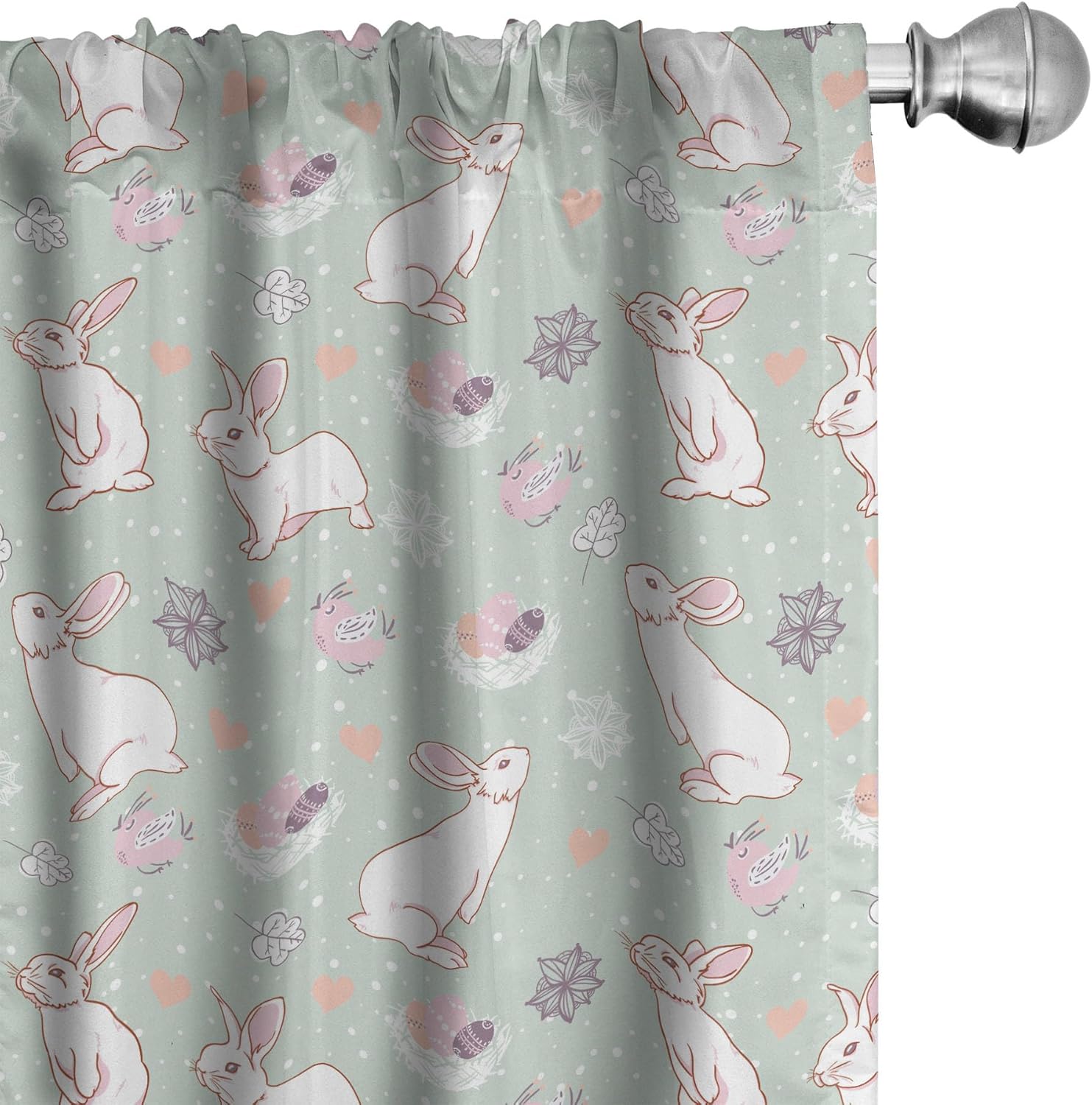 Ambesonne Easter Curtains, White Rabbits Smelling The Fresh Spring Air Flowers Eggs and Hearts in Pastel Colors, Window Treatments 2 Panel Set Living Room Bedroom, Pair of - 28" x 95", Pale Seafoam
