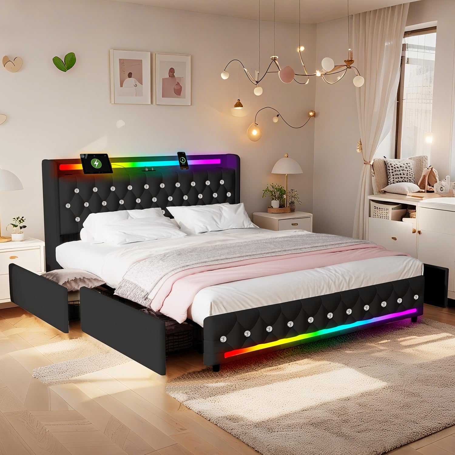 Queen Bed Frame with Bluetooth Speakers,USB & Type-C Charging Station & LED Headboard and Footboard & 4 Drawers Storage,Wooden Slats Support,Velvet Upholstered Bed,Easy Assembly,Black