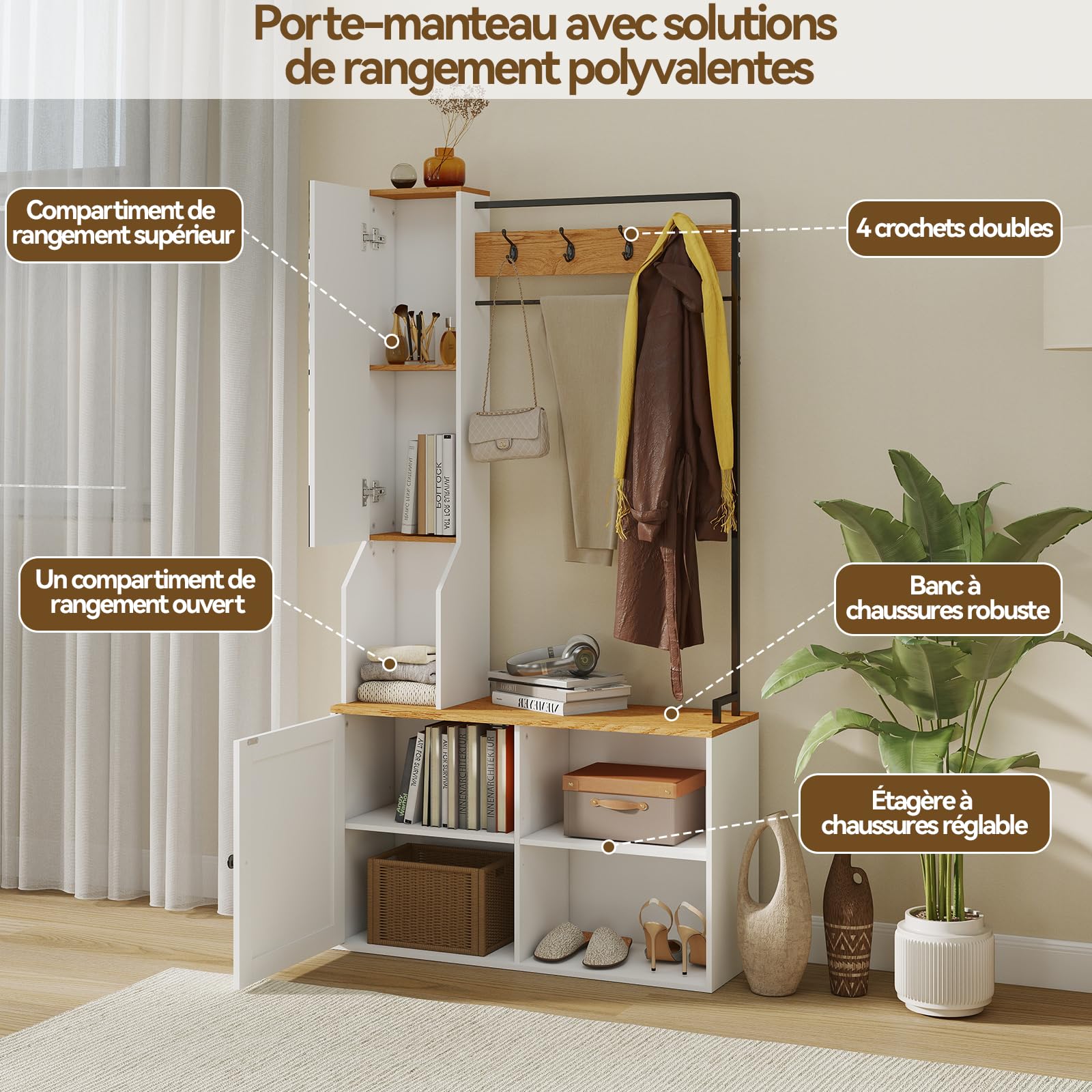 YU YUSING Vestiaire d'Entrée Multifonctionnel avec Miroir Banc et Placard, Meuble Porte-Manteau et Chaussures, 4 Crochets, Rangement Chaussures Réglable, Gain de Place, Couloir, Chambre, 90x30x170 cm