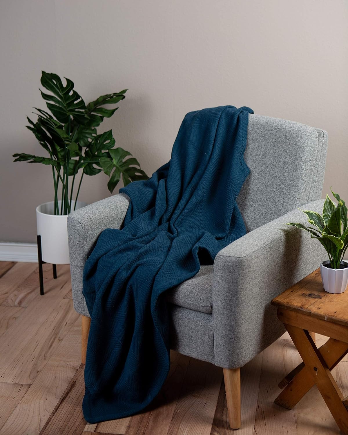 Sticky Toffee Cotton Throw Blanket 60x50 in – Soft Lightweight Woven Blue Blanket for Couch or Bed, Herringbone Weave, Boho Farmhouse Style - Image 2