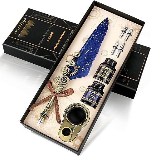Juego de tintas para caligrafía, incluye bolígrafo de plumas, 2 botellas de tinta de color, soporte 2 en uno, 4 puntas de acero inoxidable, caja de