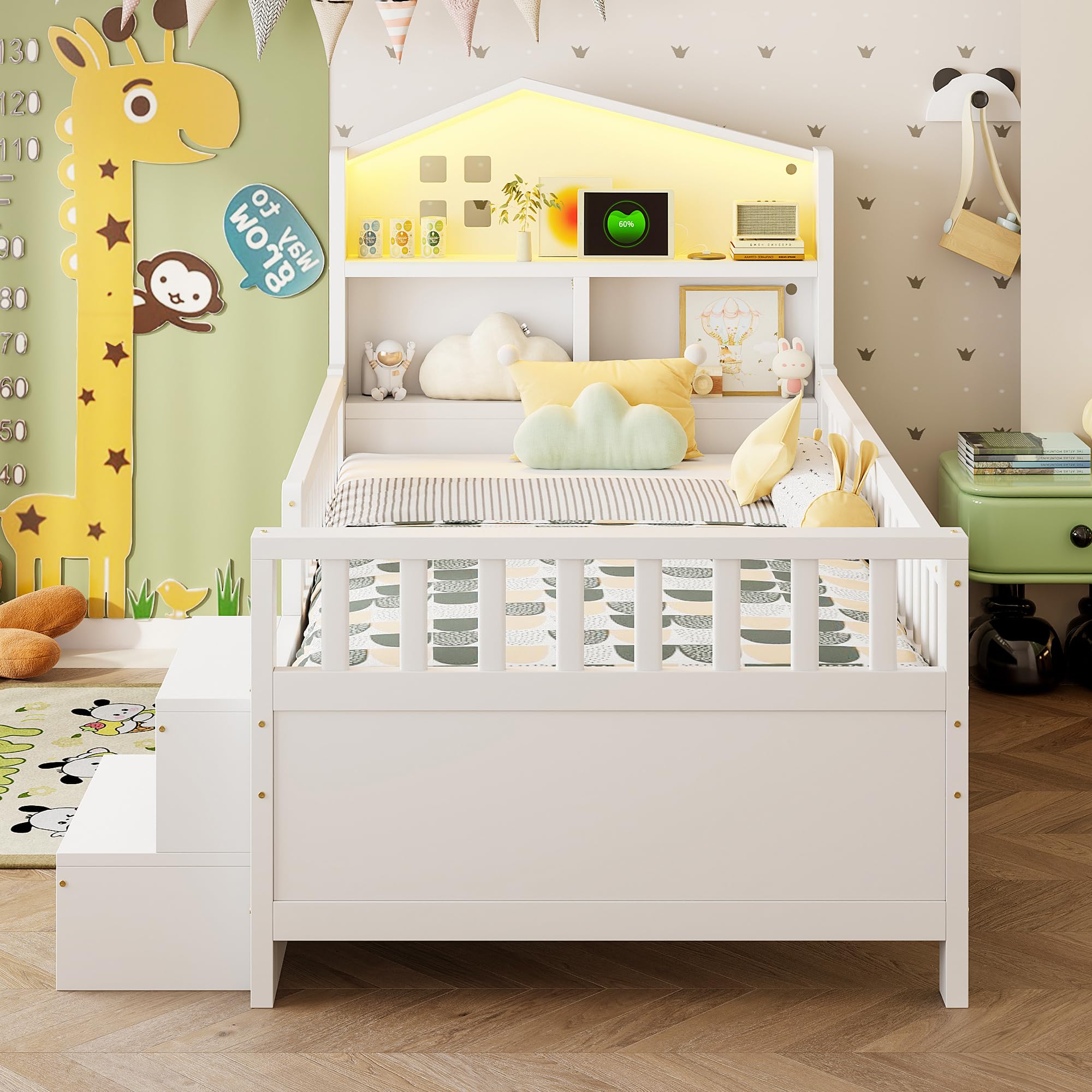 Soweiz Letto per bambini 90x200 cm, letto singolo con sponda di sicurezza, con quattro cassetti, con gradini, letto in legno massiccio con rete a doghe (bianco)