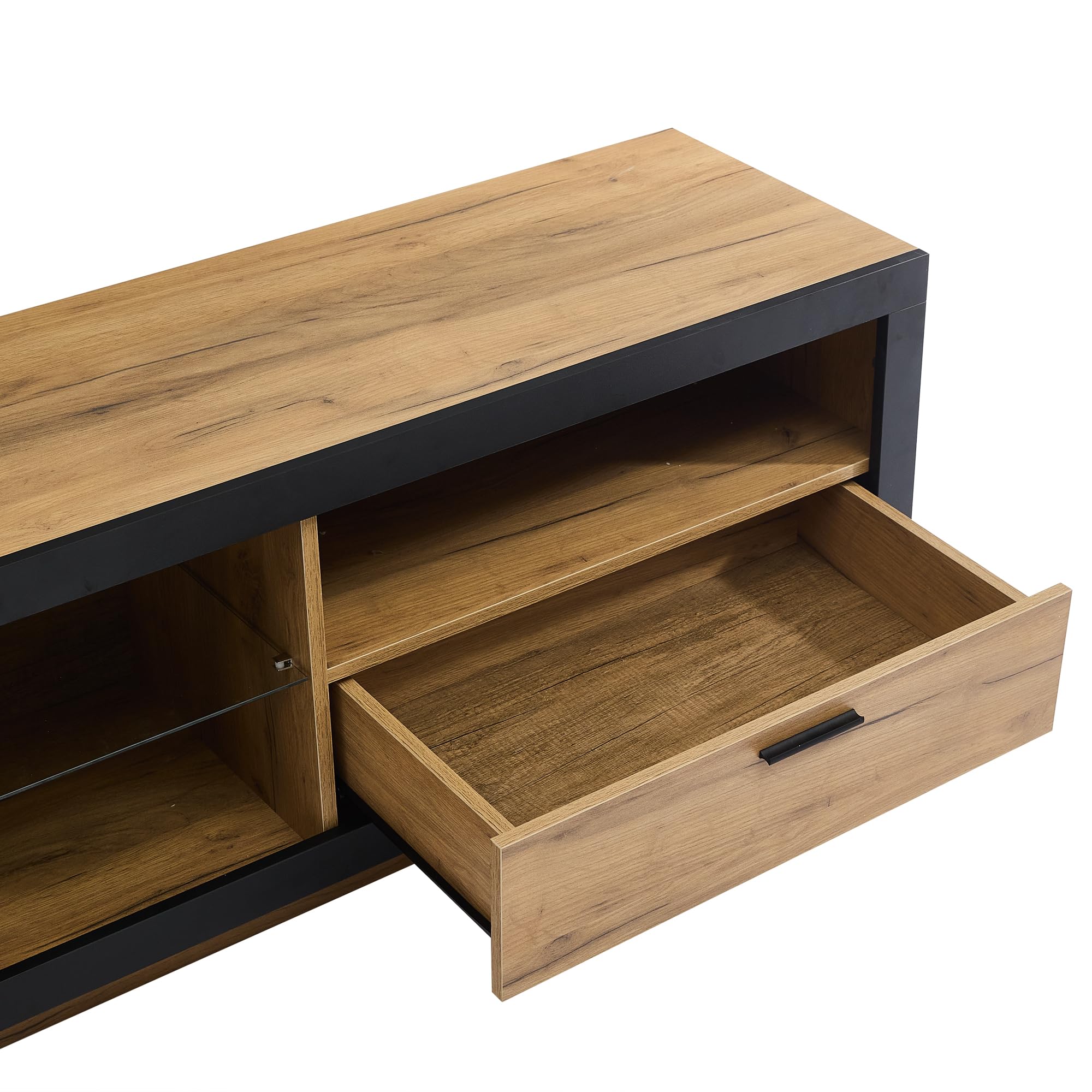 BTM LED TV-Schrank mit Glasböden & App-Steuerung 160x40cm Lowboard für 70-Zoll-Fernseher Gaming Media Center Schwarz+Eiche, 50kg Tragkraft