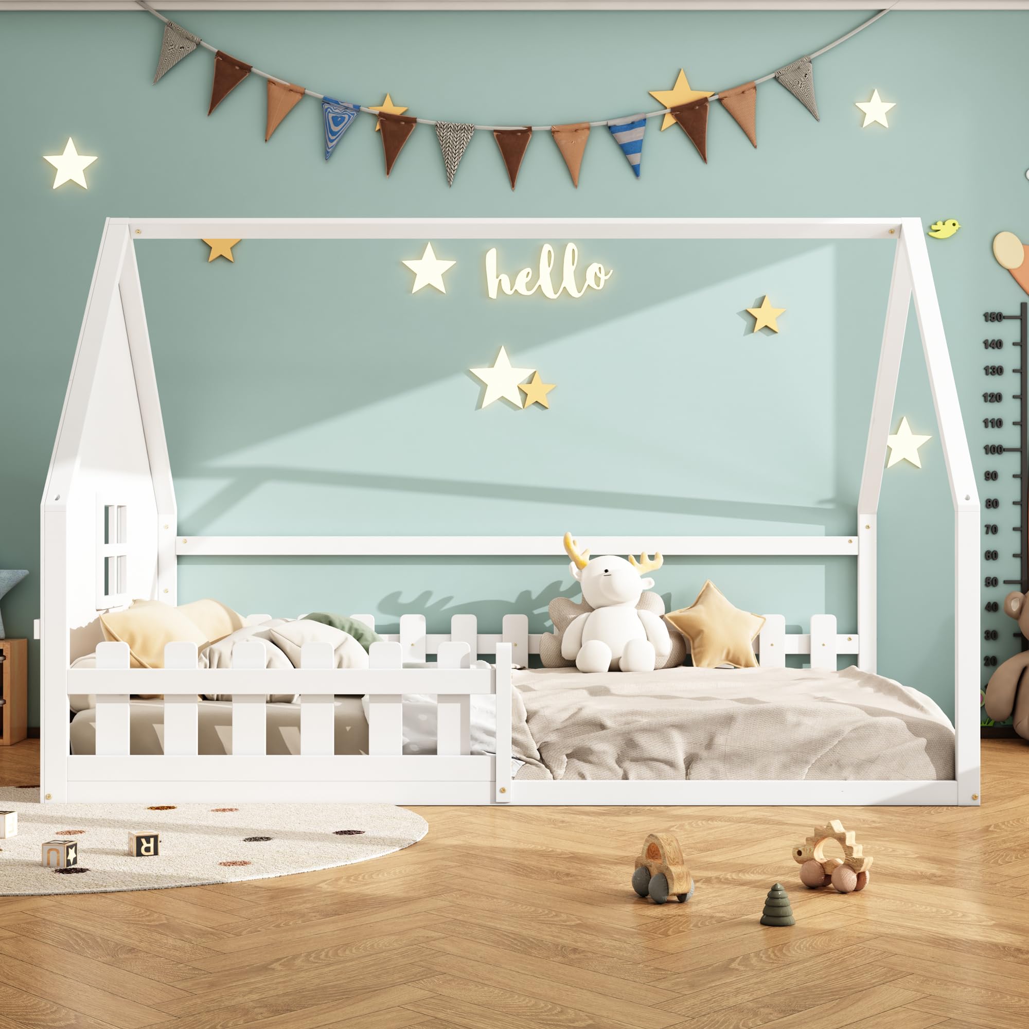 Letto per bambini a forma di casa 140x200cm, letto Montessori da pavimento con protezione anti-caduta e rete a doghe, letto in legno per bambini e bambine