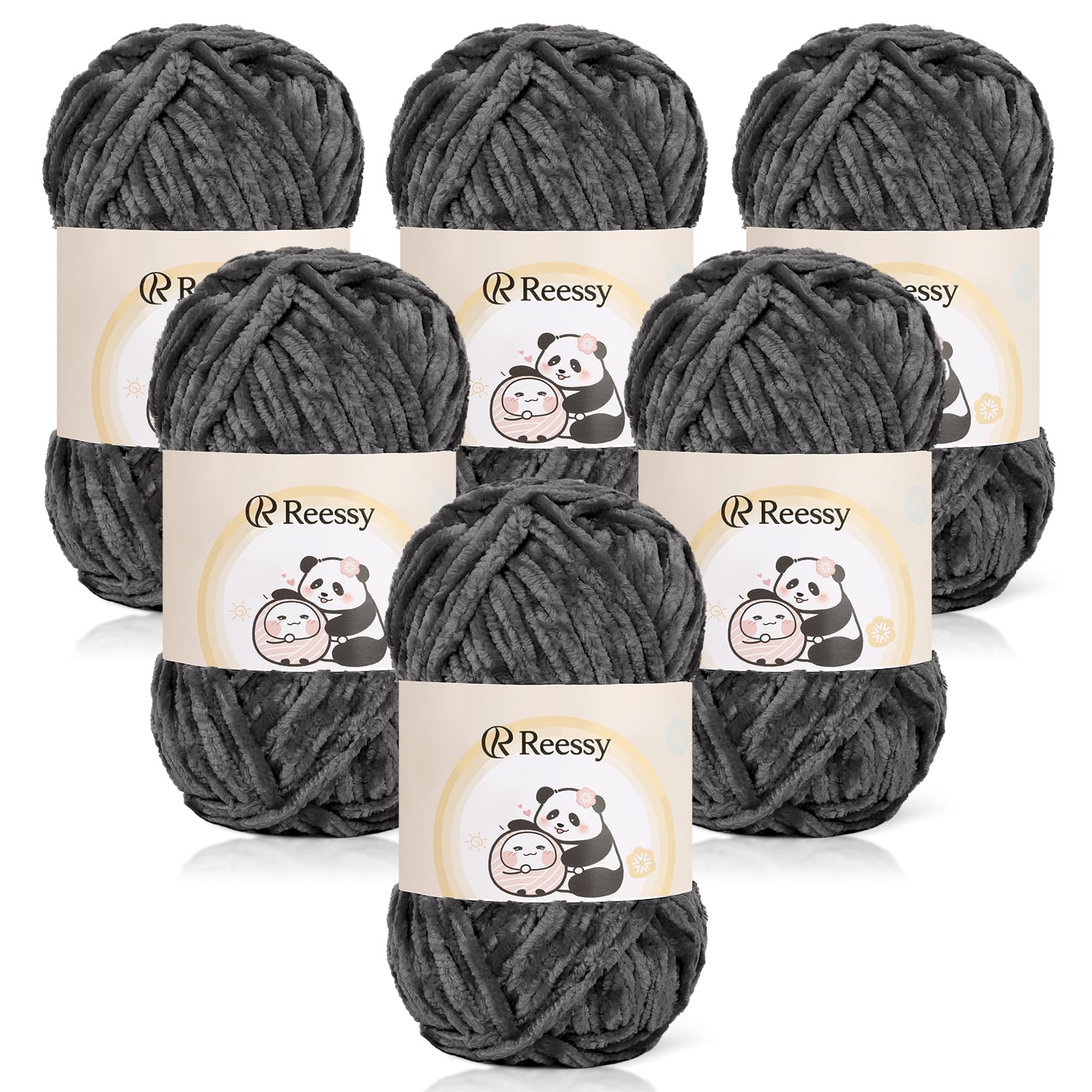 Reessy Chenille Yarn 600g(6×100g), Super Soft Fluffy Velvet Yarn Set, Thick Wool Grey Yarns for Knitting and Crochet Amigurumi, Handbag, Blankets, DIY(Deep Grey)