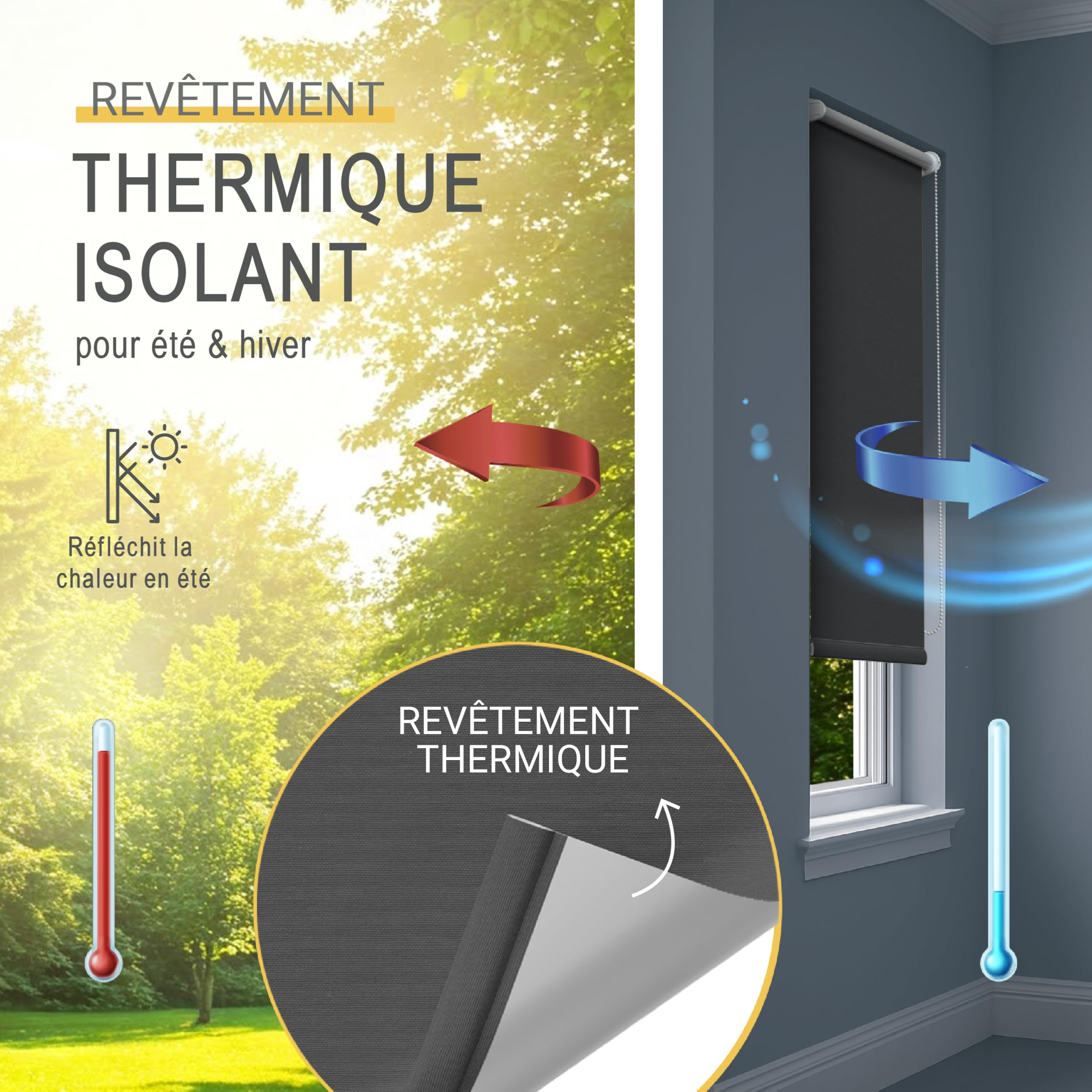 Sol Royal Store occultant Thermique pour fenêtre sans perçage | 60x160cm anthracite rideau intérieur robuste toute l'année réglable en continu pince protection isolant SolReflect T42