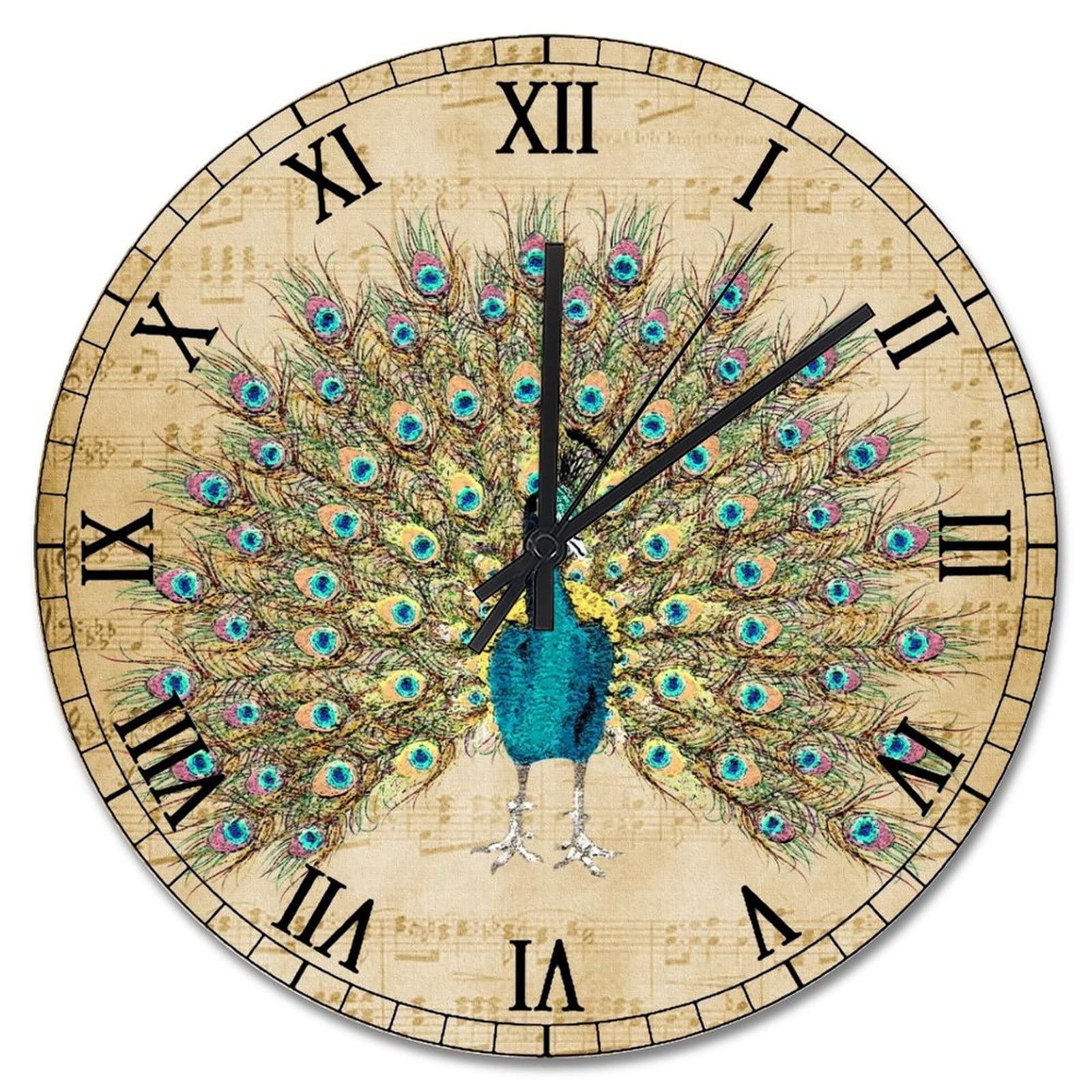 Horloge murale vintage en bois paon bleu 38cm à pile pour salon