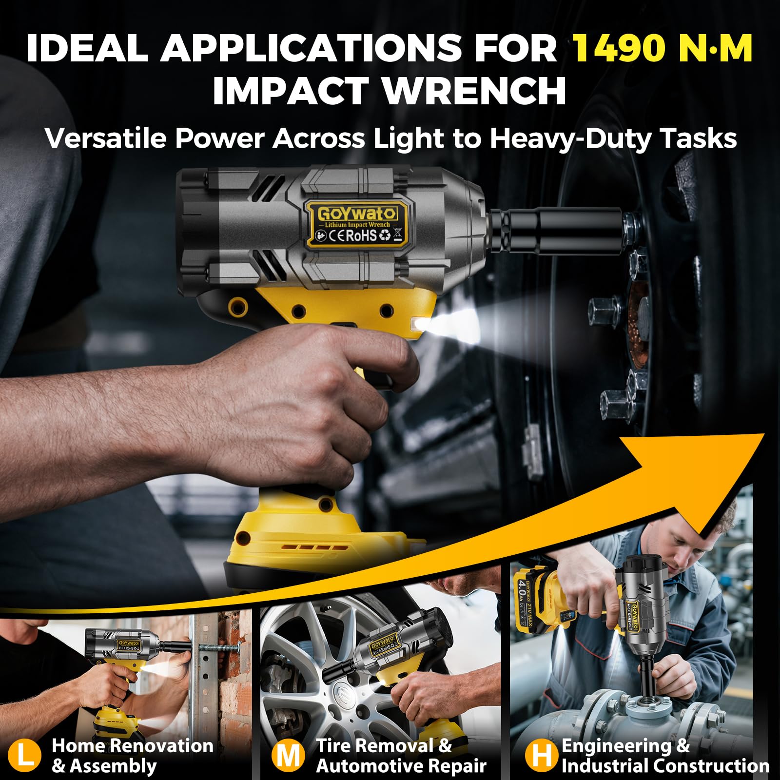 1490 Nm Avvitatore a Impulsi con 2 Batterie 4.0Ah & 6 Bussole, Giallo | 1/2'' Avvitatore ad Impulsi Brushless con Caricabatterie & LED Integrata, Ideale per Auto, DIY e Uso