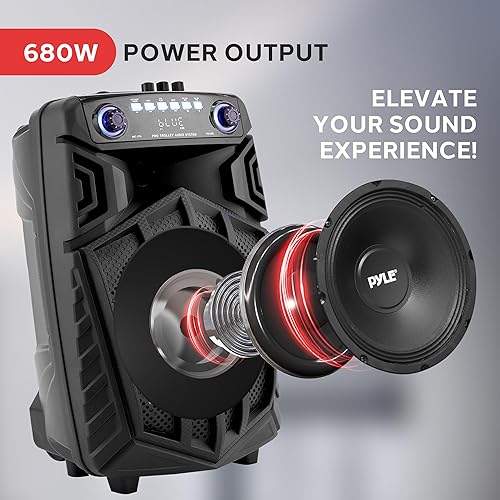 Miniatura 2 de Pyle Altavoz PA Bluetooth portátil de 680 W - Altavoz de karaoke recargable de 10 pulgadas para exteriores, sistema de audio con micrófono