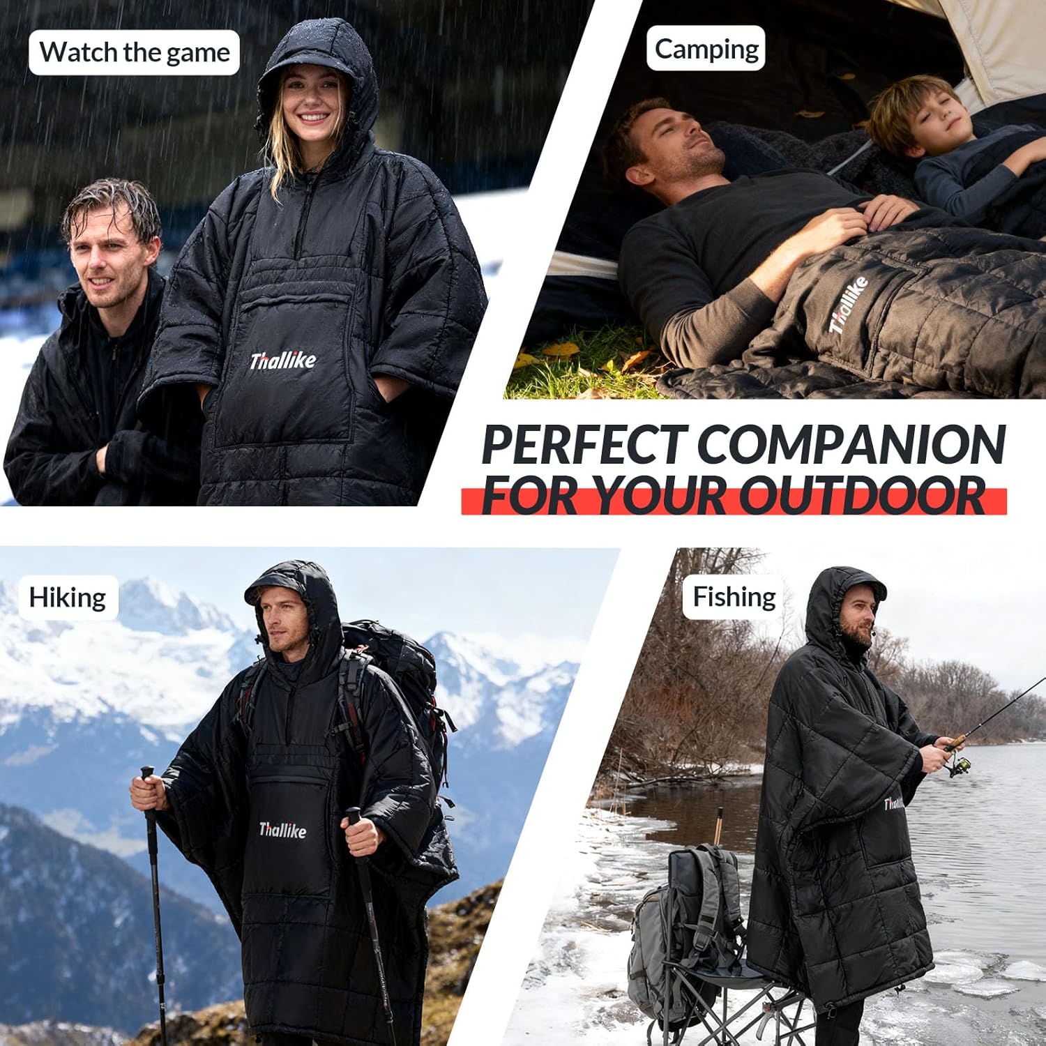 Camping Blanket with Zipper Pocket, 85'' x 61'' Large Wearable Hooded Blanket, Ultralight Warm Sleeping Bag, Windproof Camping Poncho for Outdoor Stadium Sports Gaming Hiking Picnic Concerts