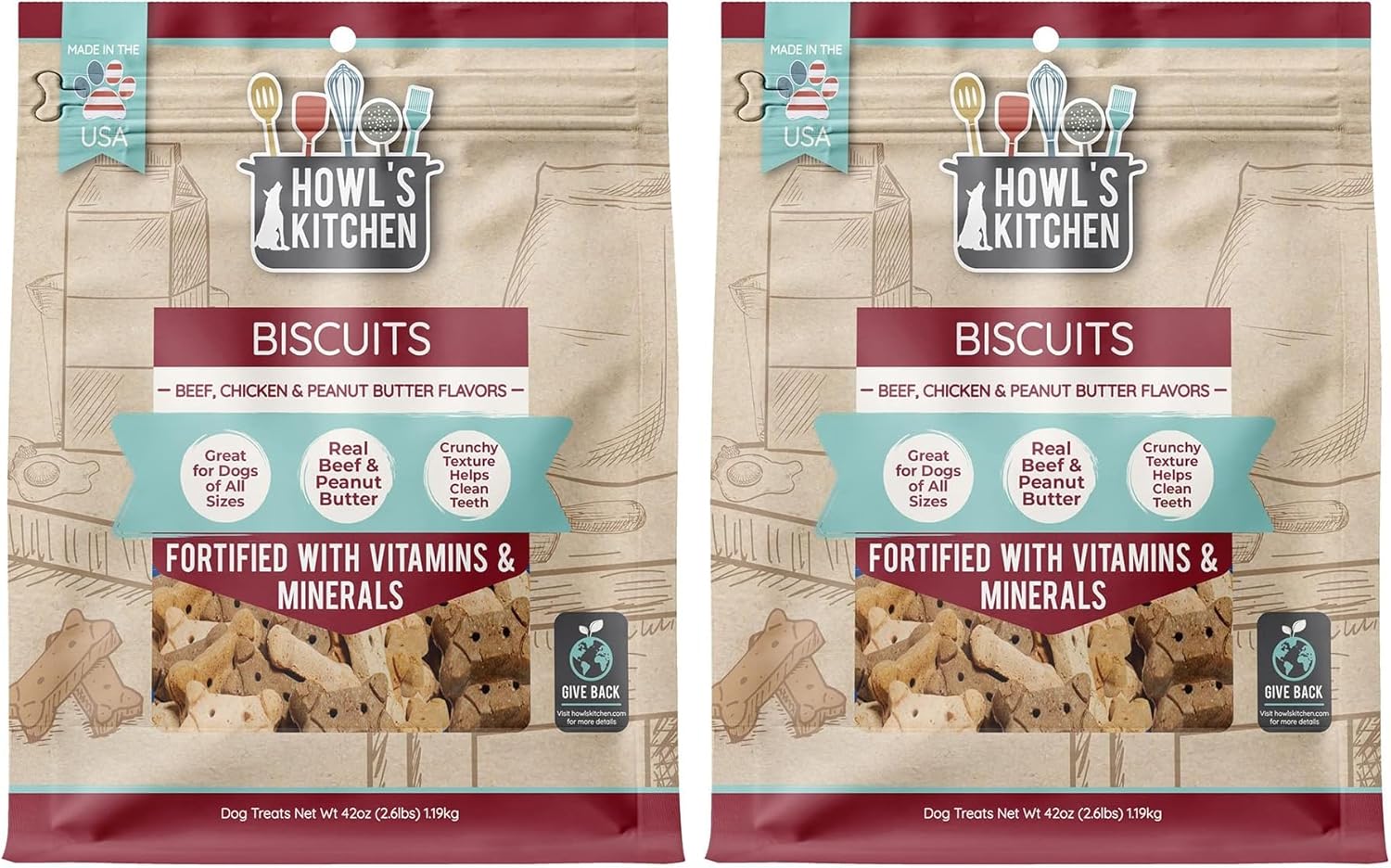Howl's Kitchen Biscuits, 12 oz Bag, 1 Count, Peanut Butter Flavor, Hip and Joint Formula, Rawhide Free, Soft and Chewy Dog Treats, 500mg of Glucosamine for Dogs, For Active and Senior Dogs (Pack of 2)