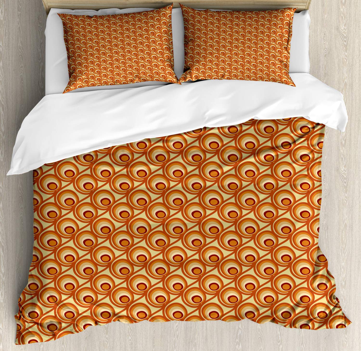ABAKUHAUS Arancia bruciata Set Copripiumino, Retro Doodle Circles, Arredamento del Letto 3 Pezzi con 2 Fodere Cuscini, 200 x 200 cm - 70 x 50 cm, Multicolore
