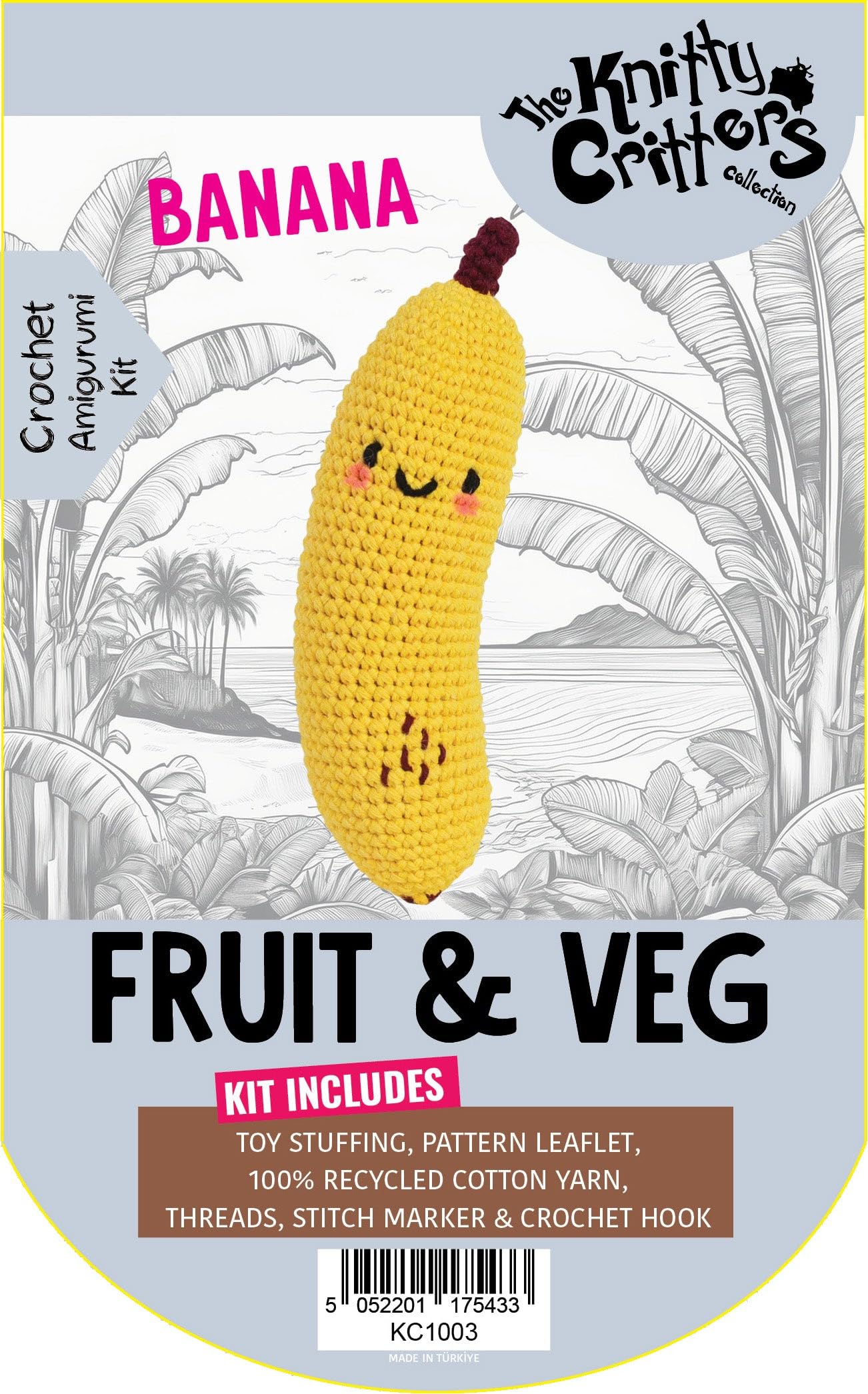 KNITTY CRITTERS – Fruit and Veg Crochet Kit – Banana| Beginner-Friendly Crochet Craft Kit with Recycled Yarn
