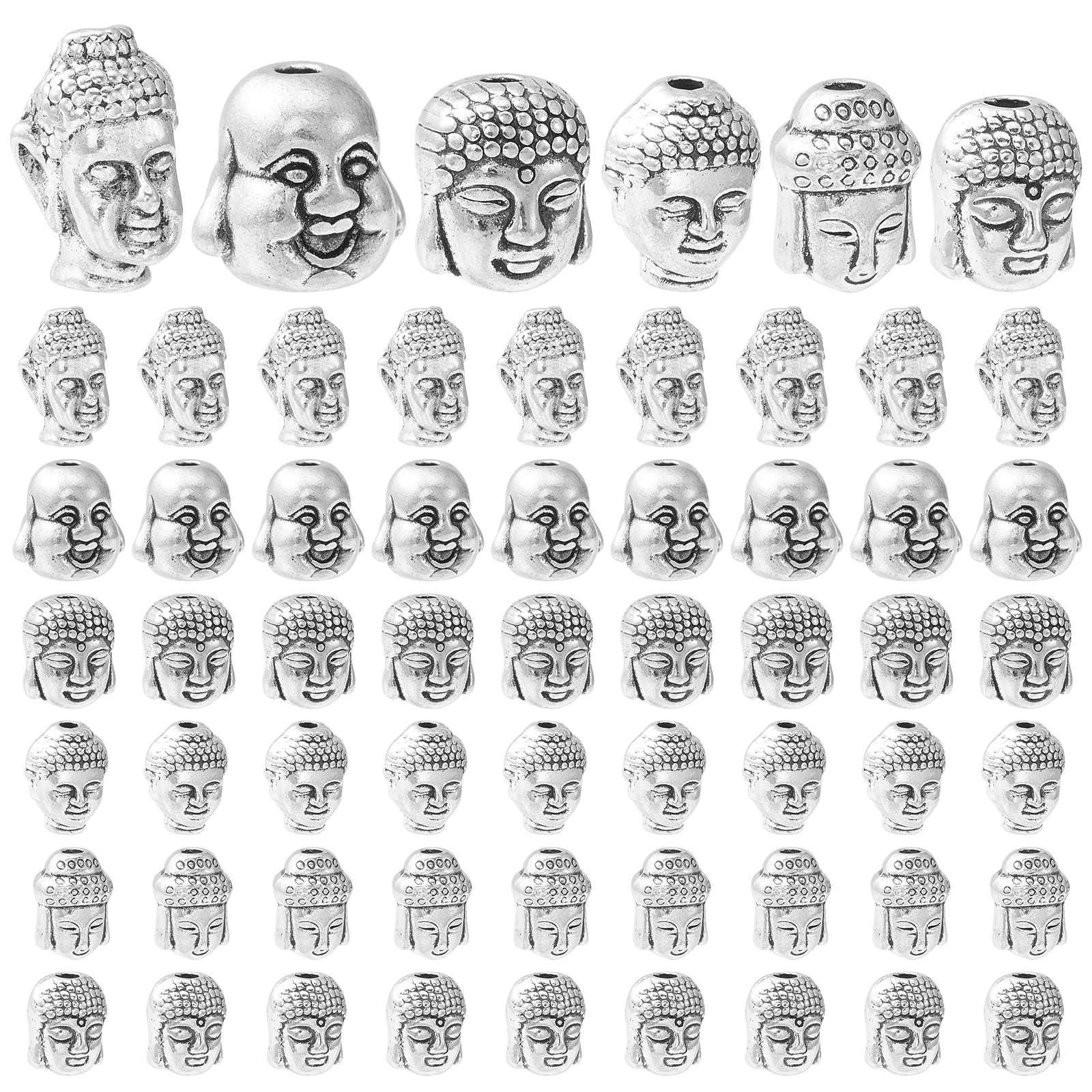 UR URLIFEHALL 60 Pcs 6 Styles Tibetan Silver Buddha Head Spacer Beads Vintage Buddhist Spiritual Loose Beads for Jewellery Making Hair Decor — image 1