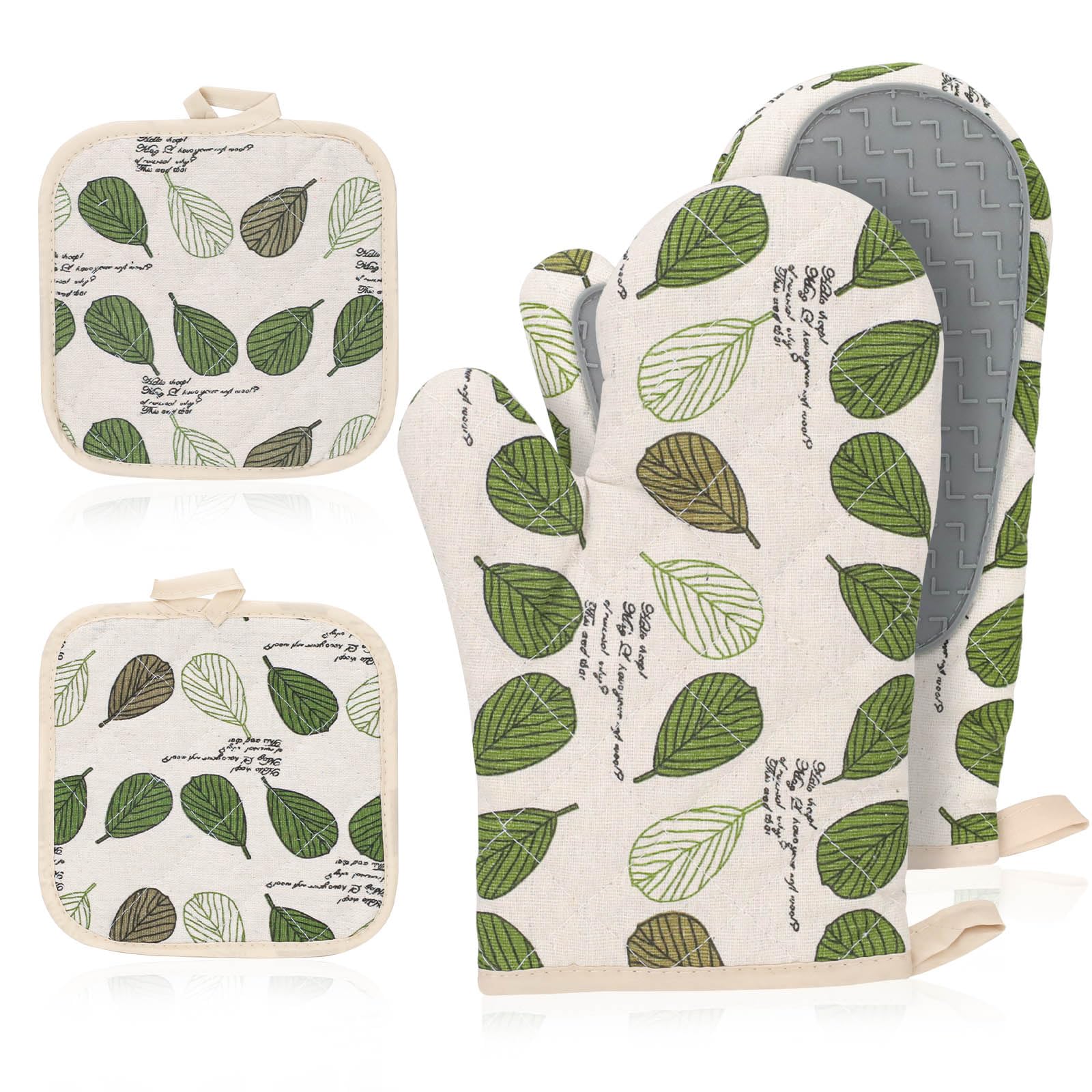 Cotton Oven Mitt Set with Non-Slipping Silicone, Oven Mitts and Pot Holders Sets, 10.2"L Mittens for Cooking, Baking and Barbecue, Full Cover Kitchen Mitts and 2PCS Potholders, Kitchen Accessories