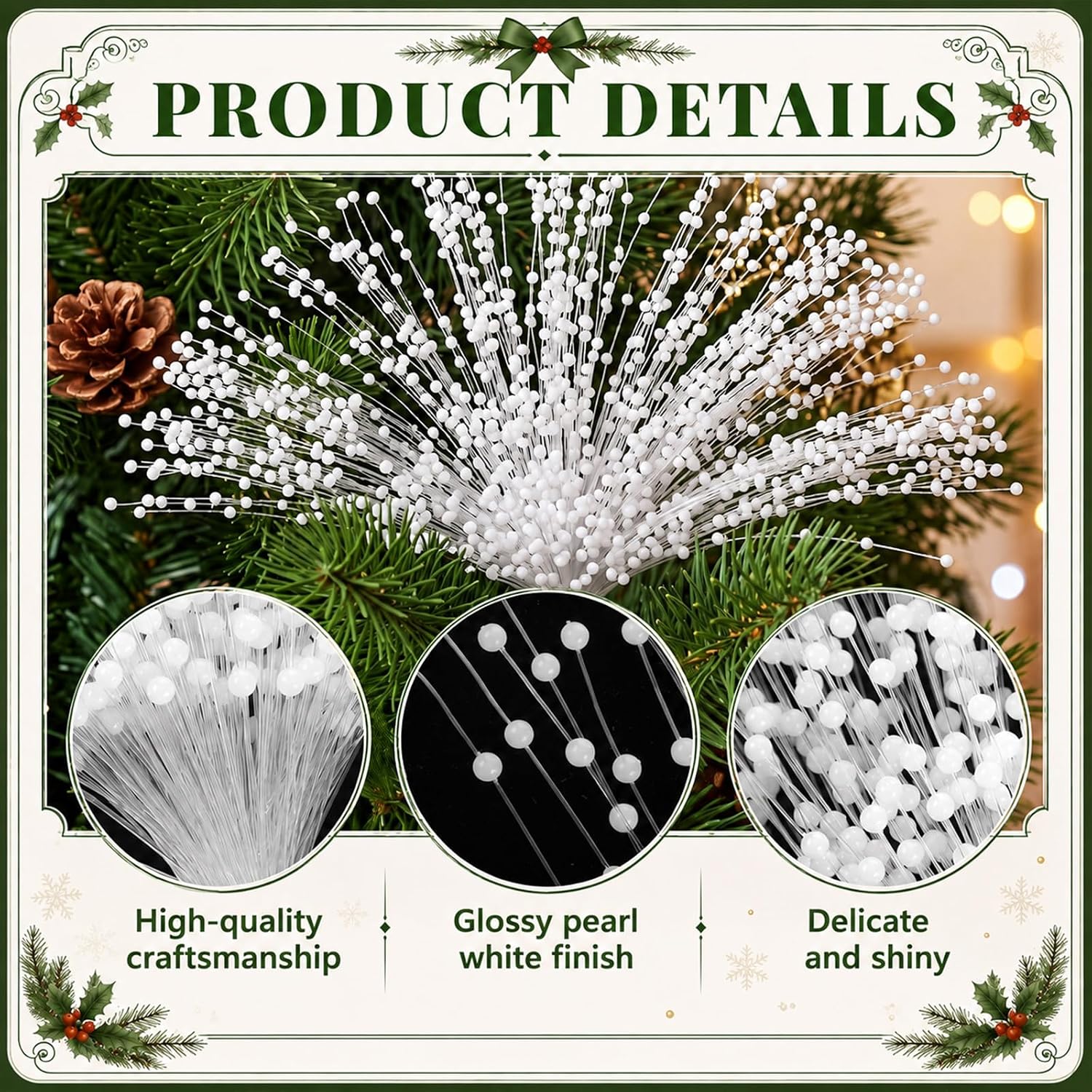 Rivvlive 200 Pack Pearl Christmas Picks Xmas Tree Beaded Pearl Stick, White