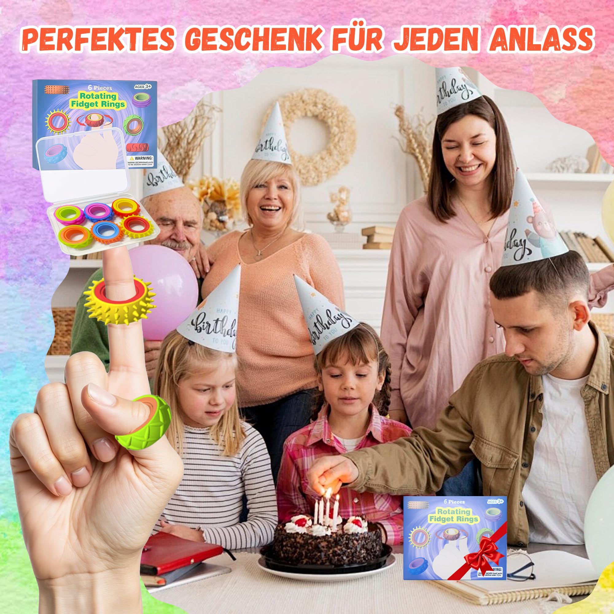 Zestaw 12 zabawek Fidget Ring dla dzieci i dorosłych, silikonowe pierścienie antystresowe, Fidget Spinner do pomocy przy ADHD, do akupresury, zabawki autystyczne, pierścienie do masażu palców
