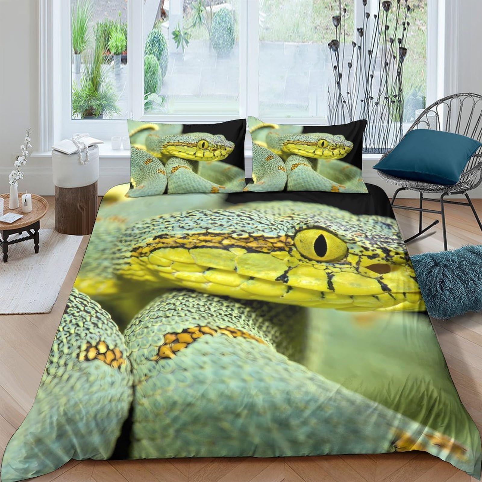 Ctjqhvkz Style-6 3D Printed Green Snake Fitted Sheet Microfiber Soft Breathable Yellow Reptile Mattress Cover Bedroom Decor Single（135X200cm）