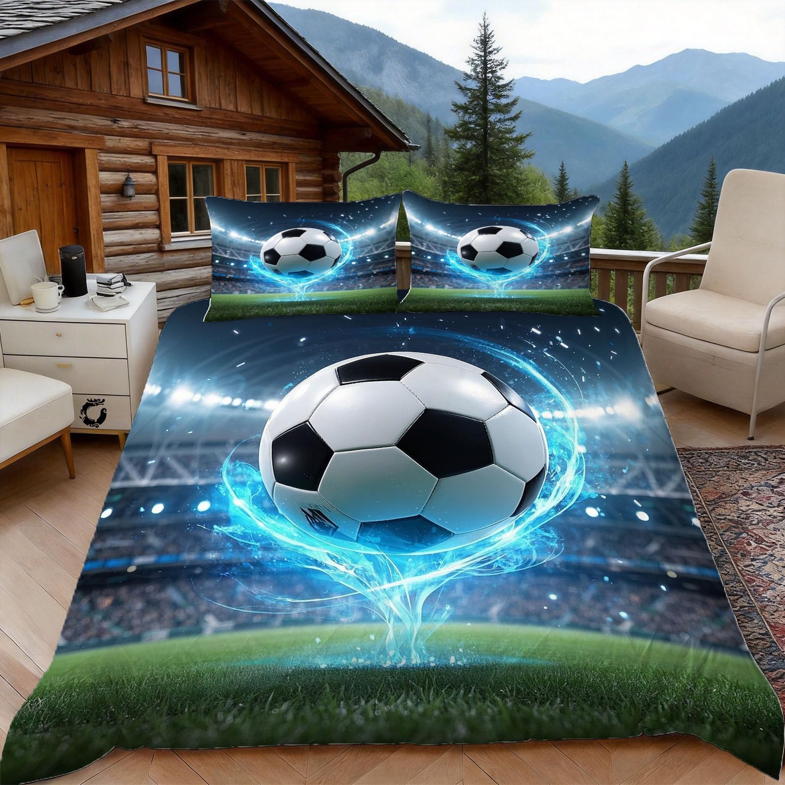 3D Double Duvet Set 3D Printed Soccer Ball Bedding, Sports Soft Microfibre Duvet Cover Sets Quilt Cover and Pillow Set with Zipper 3 Pcs