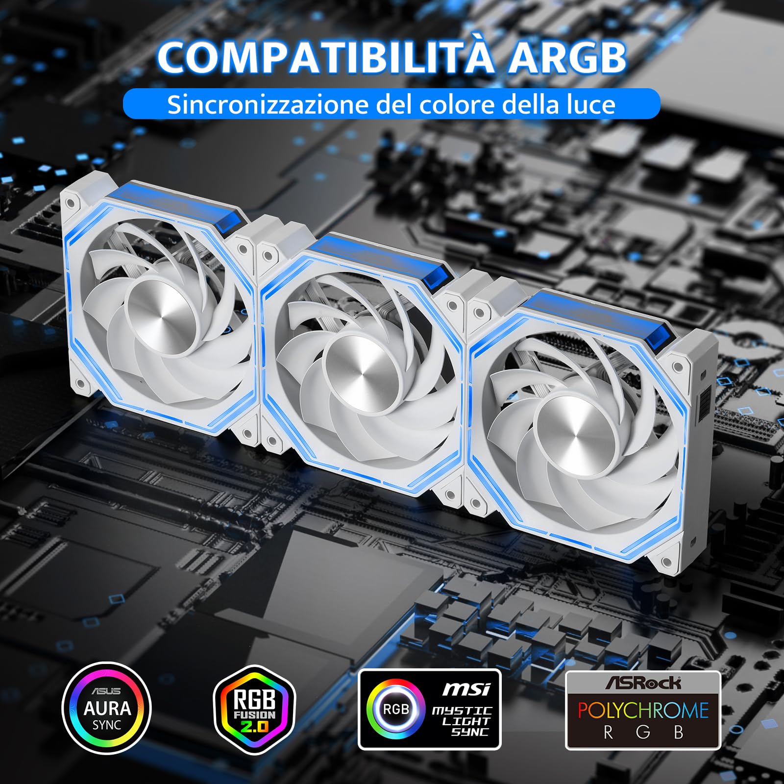 darkFlash INF34 Ventola per PC da 120 mm, con catena a margherita, raffreddamento fino a 2000 giri/min, PWM a 4 pin, ventola per computer di raffreddamento ARGB, confezione da 3 (inversa, bianca)