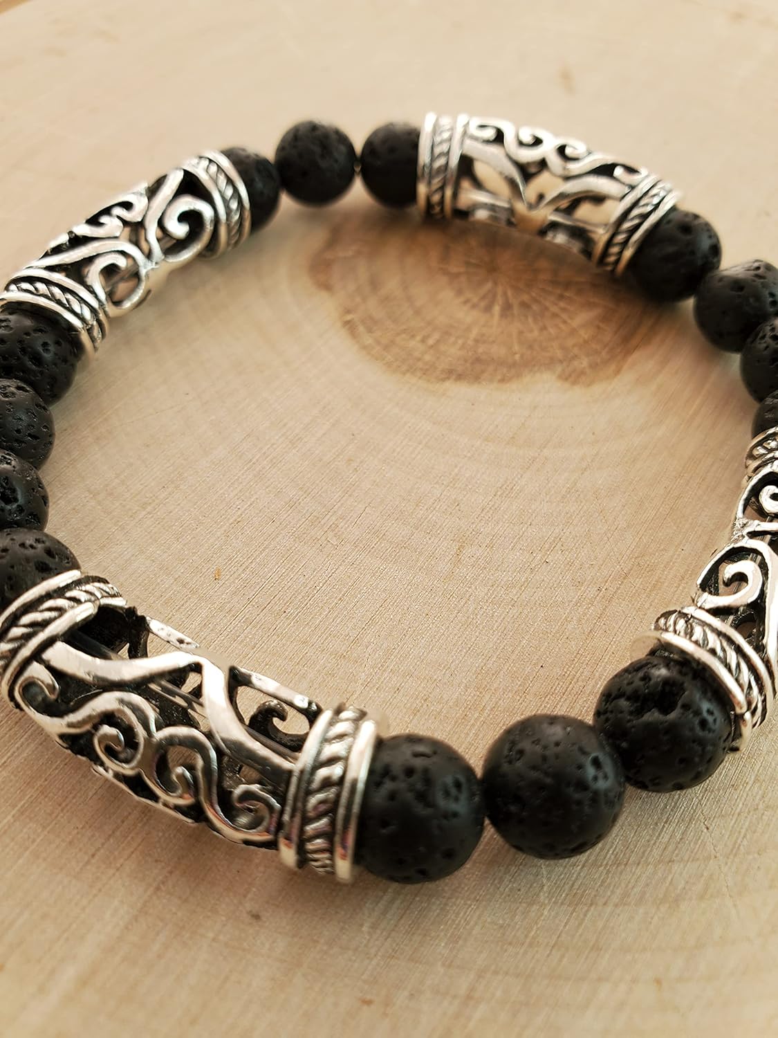 Beaded Bracelet - Sterling Silver Charm with Lava Rock - Pink Stone - Handmade Bangle - Cuff - Unisex - Adjustable - Stretchy - Essential Oil Diffuser - Aromatherapy - Aroma Jewelry - Everyday - Gifts for Men - Womens Gift(Dyed Lava Rock+Sterling Silver)