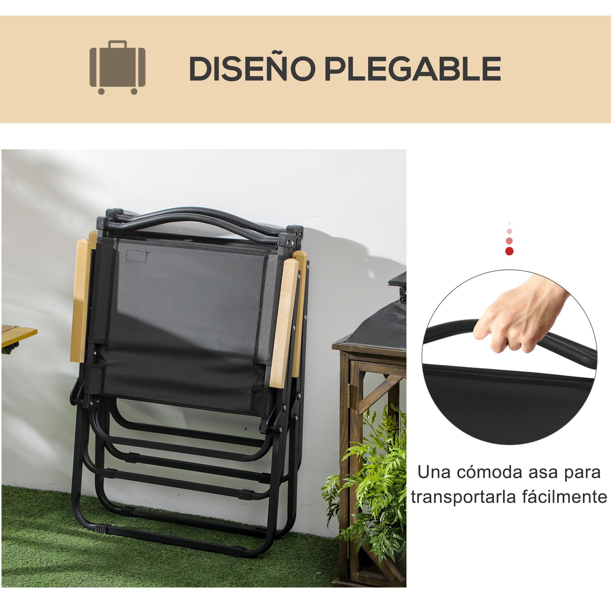 Outsunny Pack de 2 Sillas Plegable de Camping, Sillas de Camping Portátil con Reposabrazos y Estructura de Acero, Silla para Pesca, Jardín, Terraza, Negro