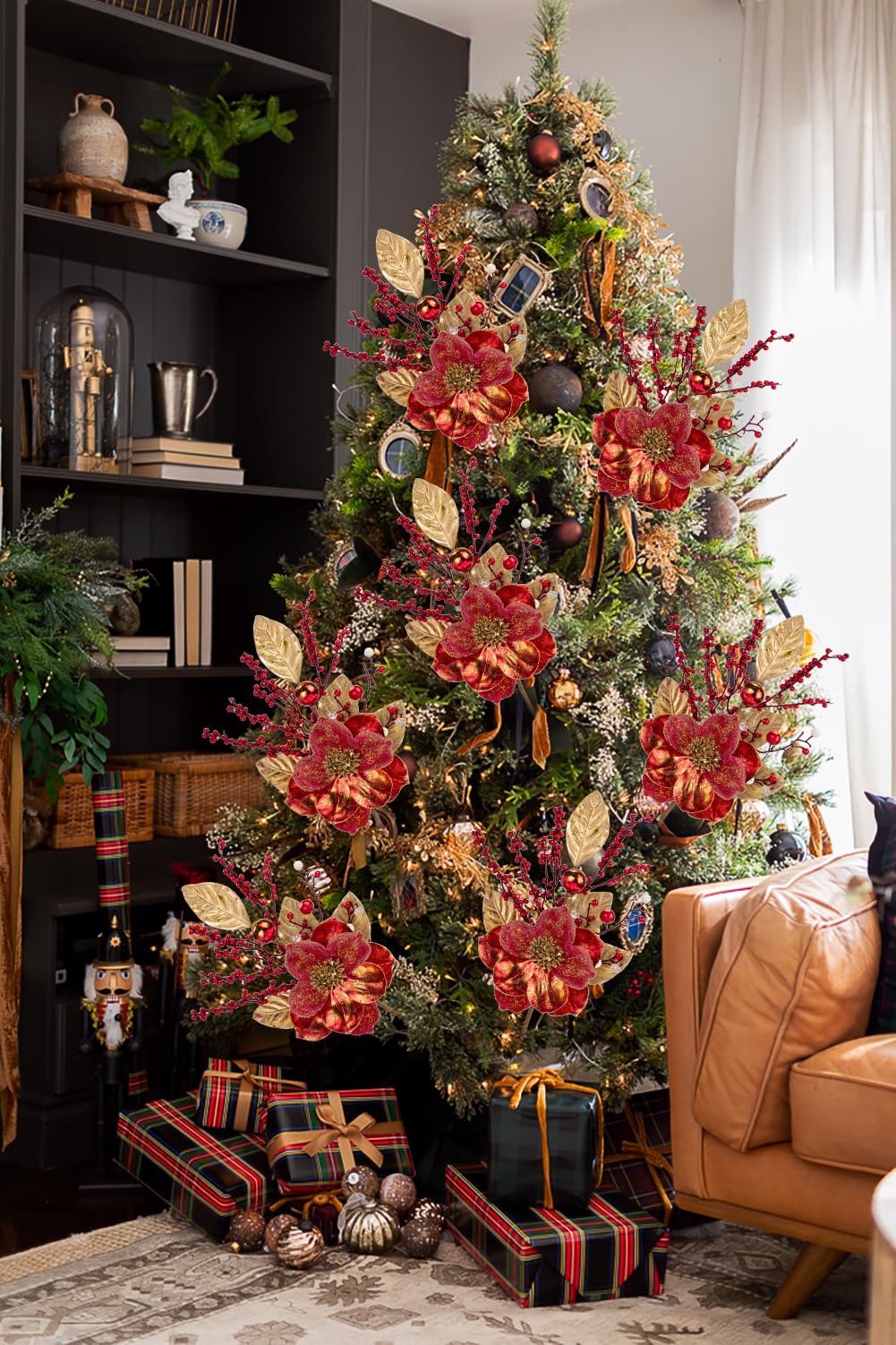 Briful Púas florales grandes de Navidad, flores artificiales de magnolia, bayas sintéticas y adornos de bolas de Navidad para decoración del árbol de Navidad (rojo)
