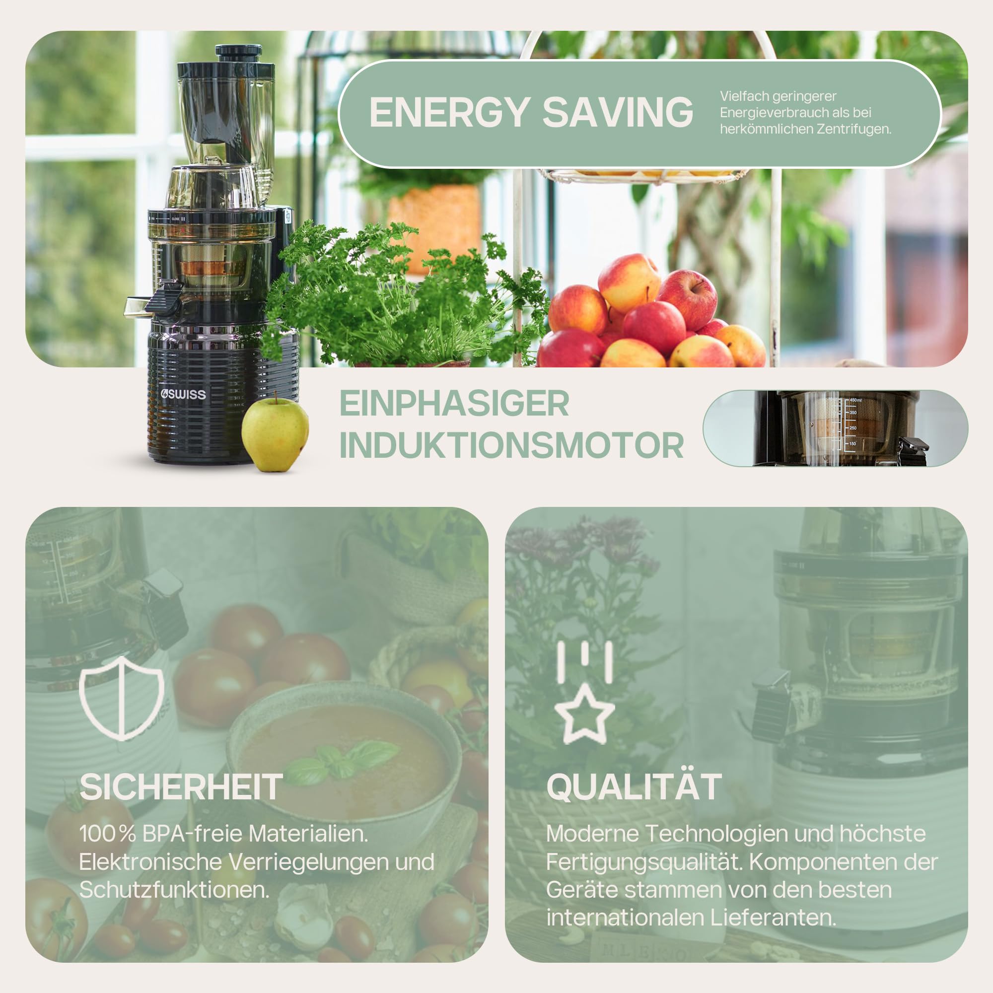 4Swiss Entsafter Saftpresse Elektrisch für Gemüse Obst Slow Juicer Machine mit Einfüllschacht - Kaltentsafter Fruchtpresse Presse Große Saftmaschine XL Leicht zu Reinigen Obstpresse - BM202 Schwarz