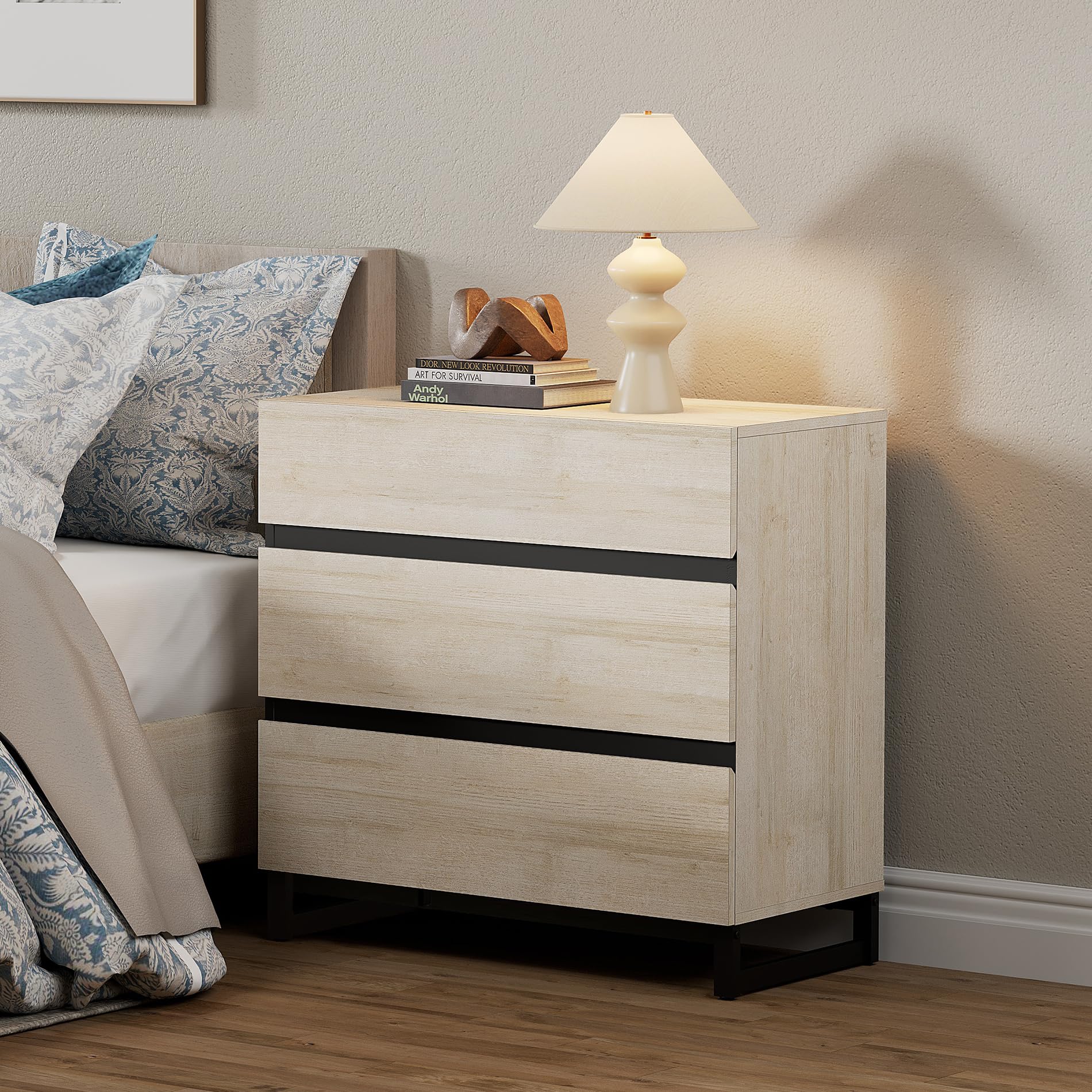 WAMPAT Nightstand with 3 Drawers for Bedroom, Modern Bedside Table with Black Square Metal Leg, Wood Rustic Side End Table, Beige