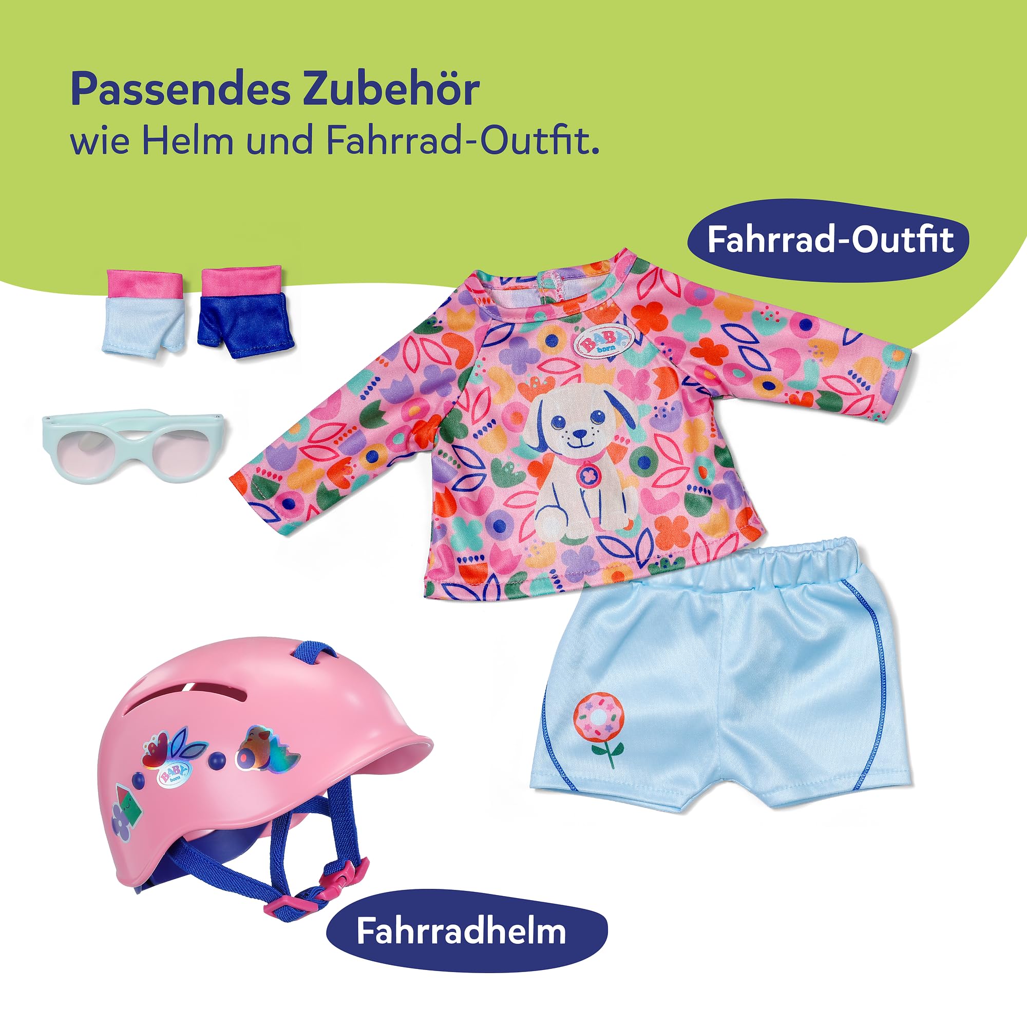 BABY born Fahrrad mit Lucky, Puppenfahrrad mit Korb, Lenkstange und Stickern