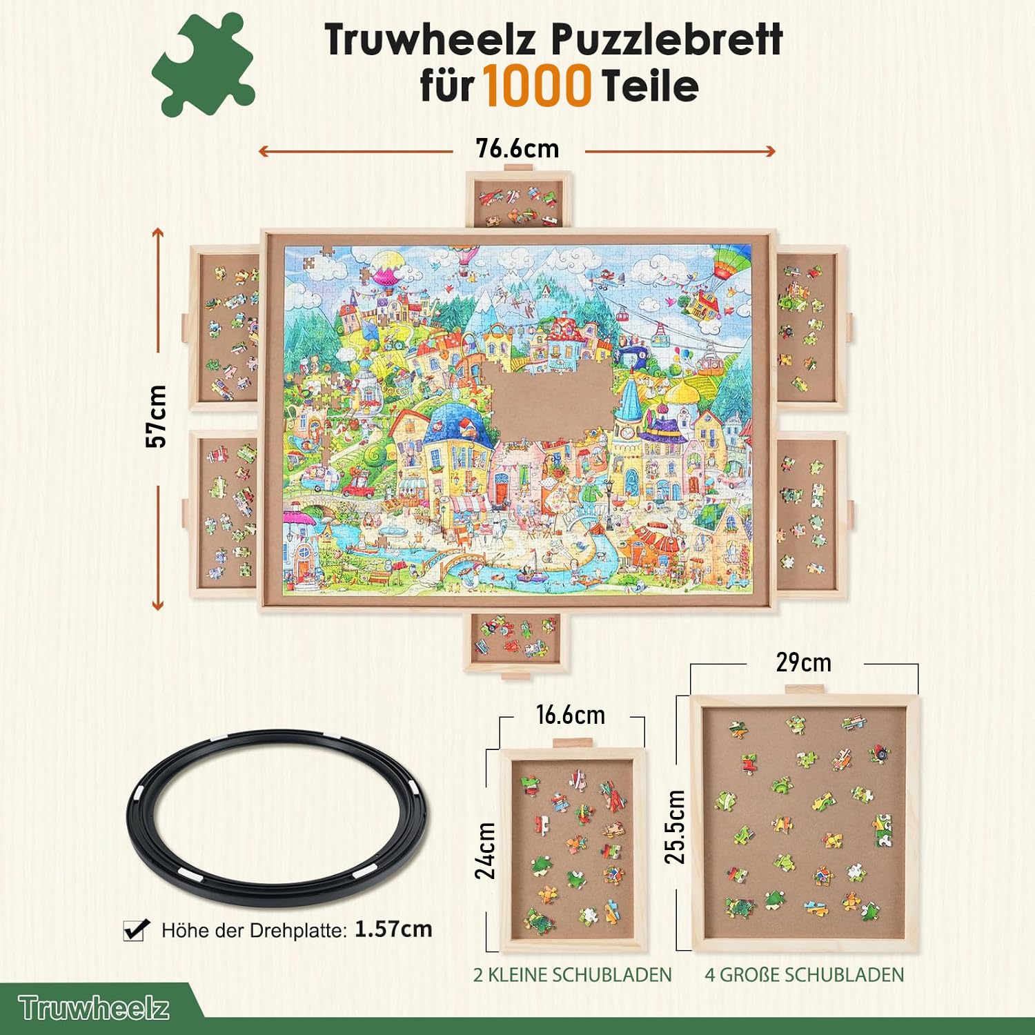 TTruwheelz Planche à Puzzle rotative 1000 pièces avec 6 tiroirs et Couvercle, Table de Puzzle Portable en Bois 76,6 x 57 cm