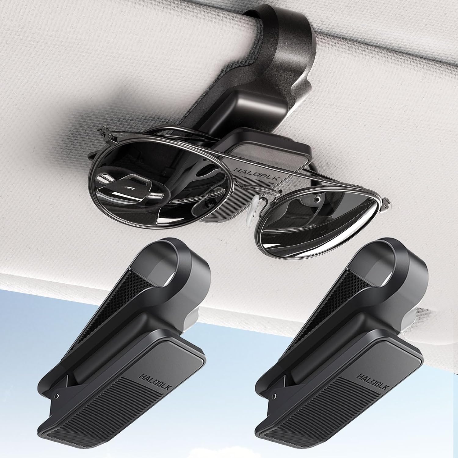 HALOBLK One-Handed-Operation Sunglass Holder for Car, Universal Visor Sunglasses Clip with Non-Slip Silicone Pads, 2 Packs