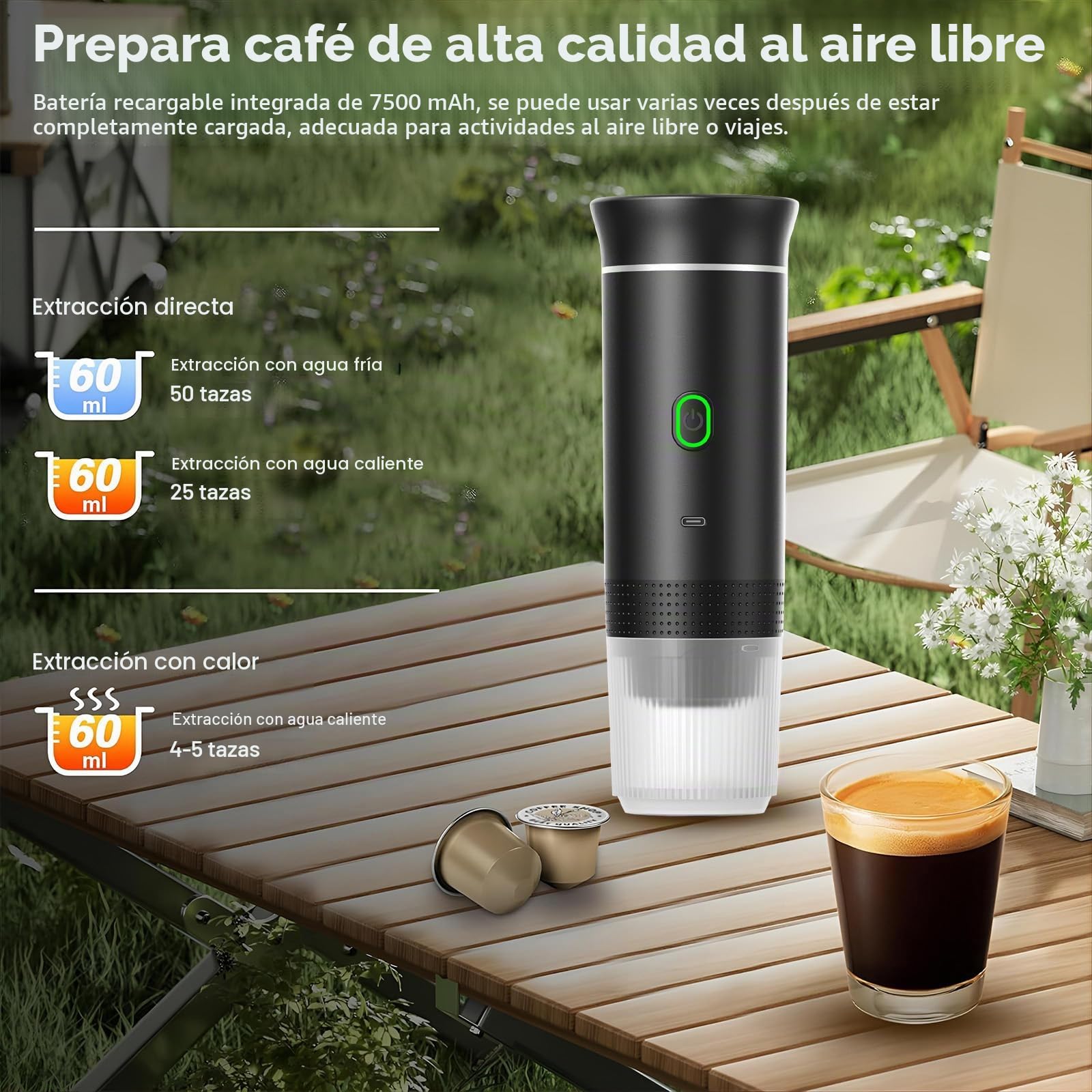 VHV Cafetera Portatil, Cafetera Portátil Cápsula de Espresso 3 en 1, Autocalentamiento de 2a6 Minutos, Para Cápsulas Pequeñas o Grandes y Café Molido,Cafetera Portátil para Oficina y Hogar (Blanco)
