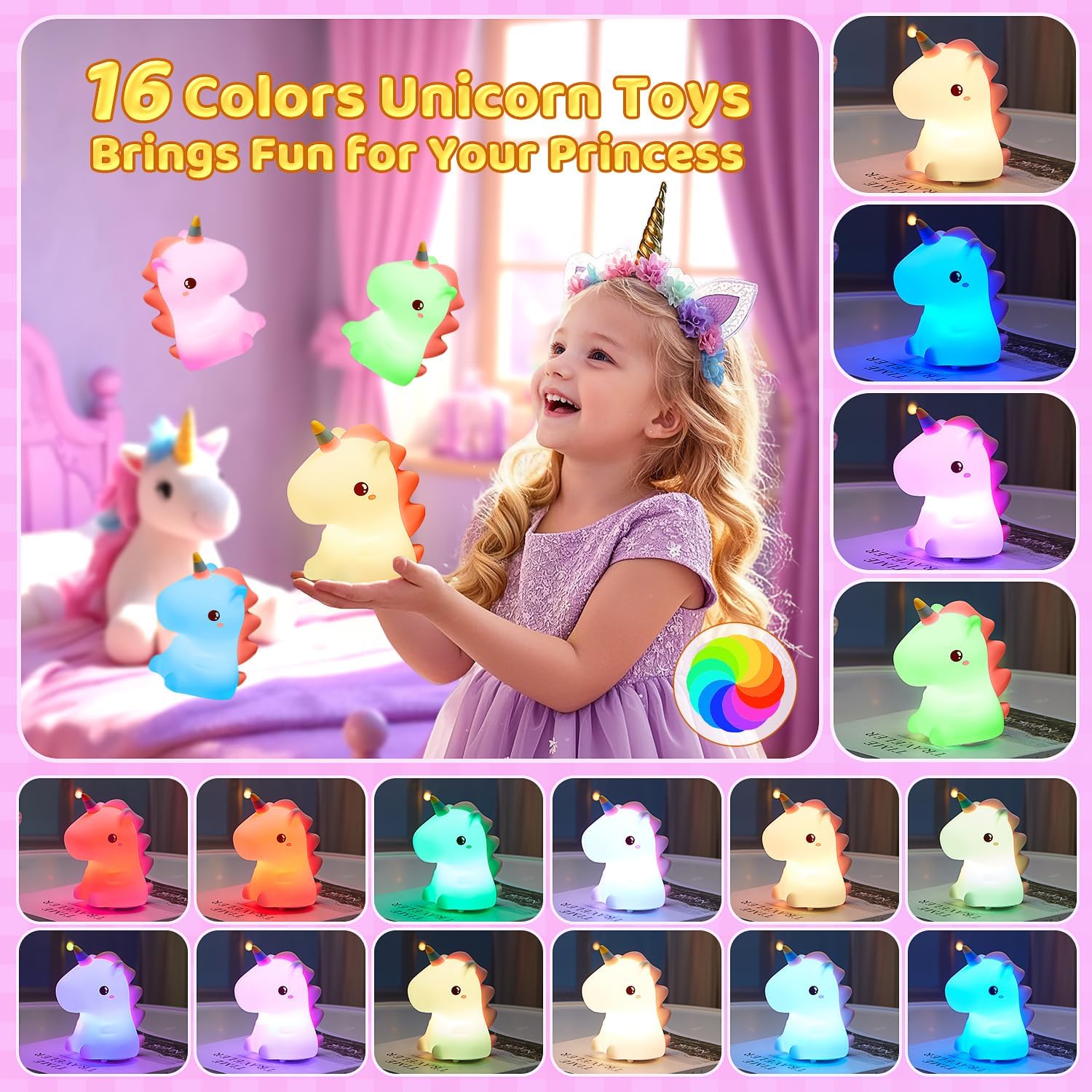 One Fire Luce Notturna Unicorno, Regalo Battesimo, 16 Multicolori Silicone Lampada per Bambini, USB Ricaricabile LED Luci Notturne per Cameretta Bambina, Regalo Neonato