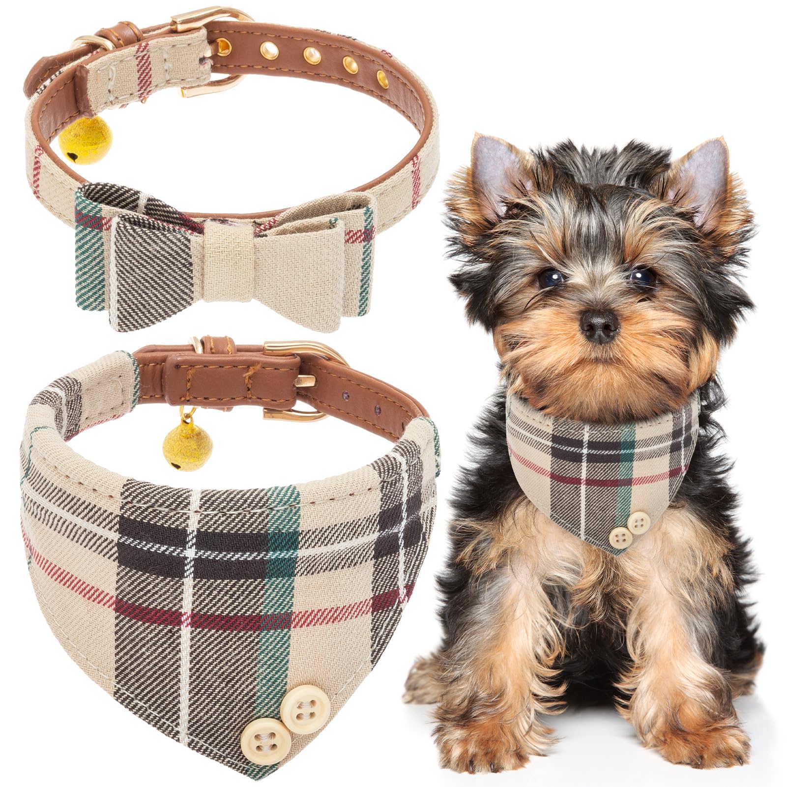 EXPAWLORER Dog Collar - Classic Plaid Bow Tie and Bandana Cute Puppy Collars with Bell, Soft Pet Collar Adjustable for Small and Medium Dogs Cats, Cream Small