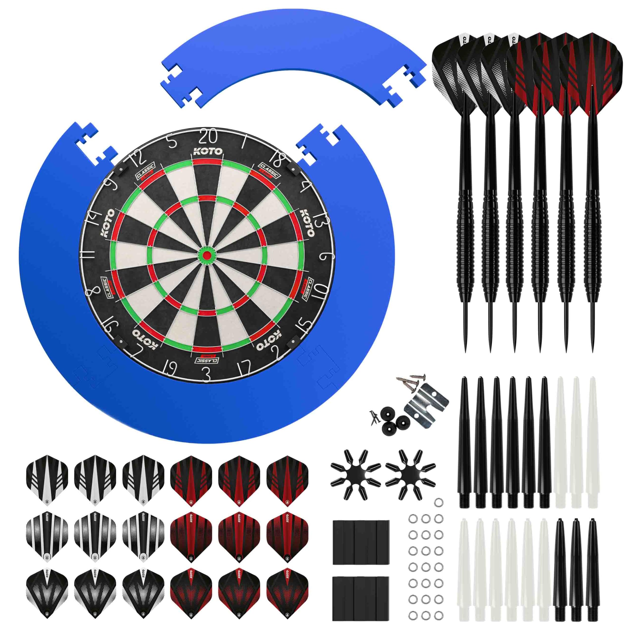 KOTO - Classic Edition Blue (Official Dimensions) Dartboard, Incl. 4pcs. Surround, 2 Sets KOTO Darts & Messing Dart Shafts, Dart Flights, Darts Set, Dart Board