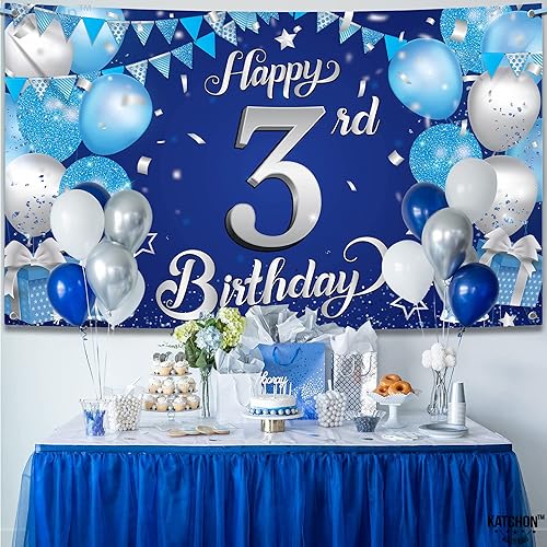 Miniatura 7 de KatchOn, Cartel de tercer cumpleaños azul y plateado  Xtralarge, 72 x 44 pulgadas  Decoraciones azules de tercer cumpleaños para niños y niñas