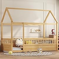 Vista 12 de Bellemave Cama de Tamaño Matrimonial de Piso Tipo Casa, Cama Montessori de Madera con Valla y Techo para Niños, Base de Cama Completa Tipo Casa