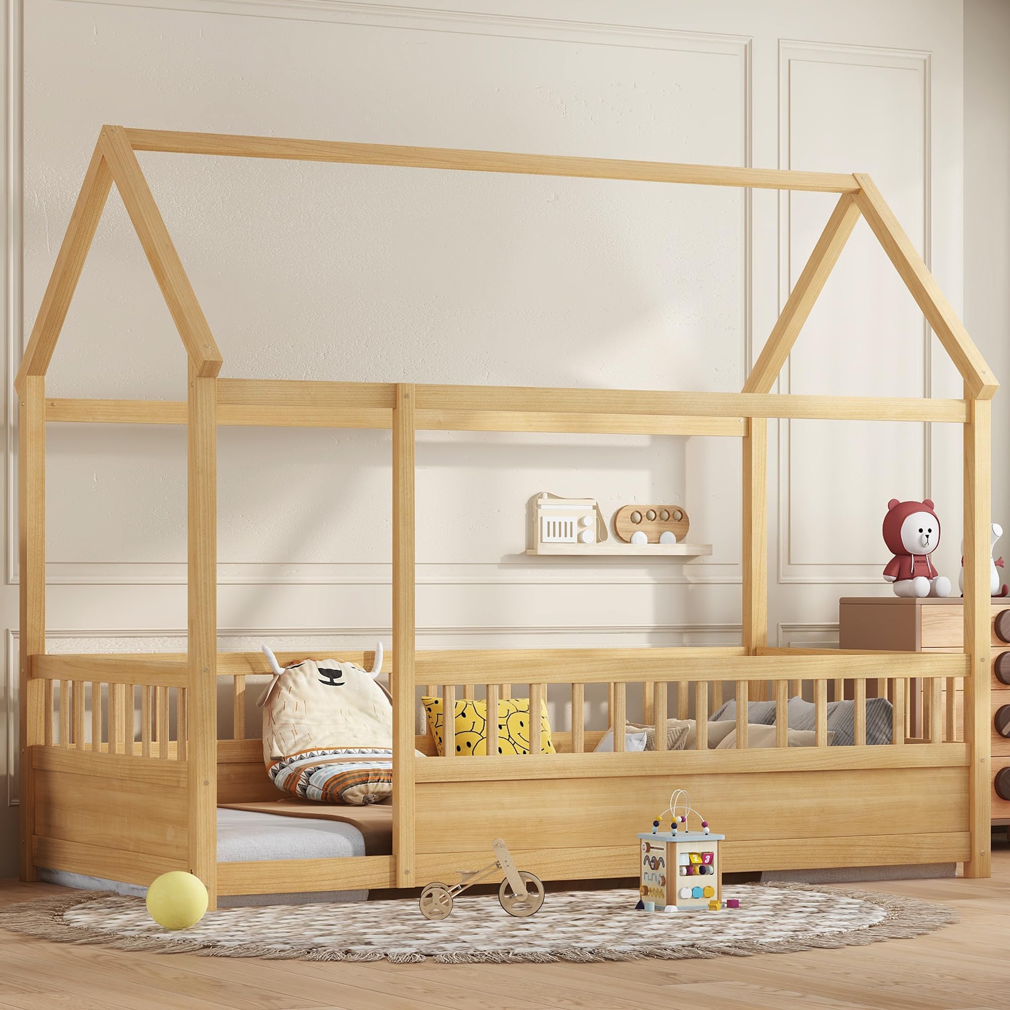 Twin Size House Bed with High Fence for Kids,Twin Floor Bed Frame, Kids Montessori Bed Twin Size,Solid Wood House Bed Frame for Boys,Girls,Natural