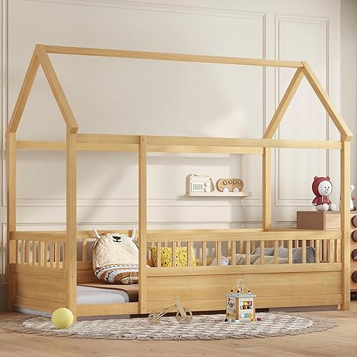 Miniatura 110 de Bellemave Cama Montessori de madera con valla y techo para niños, marco de cama individual para niños, niñas (individual, blanco)