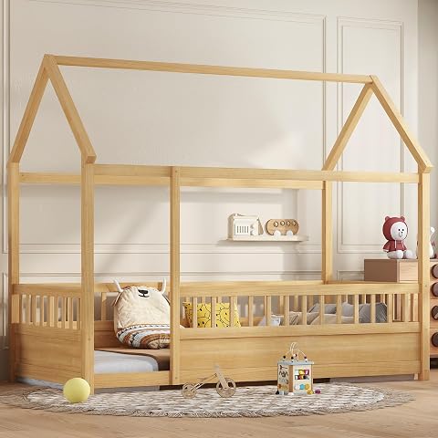 Bellemave Twin Size House Bed Frame with High Fence