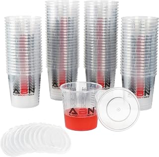 ABN Automotive Paint Mixing Cups - 100 Pack 20oz Plastic Measuring Mixing Cups for Epoxy Resin, Activators, and Thinners with 12 Lids