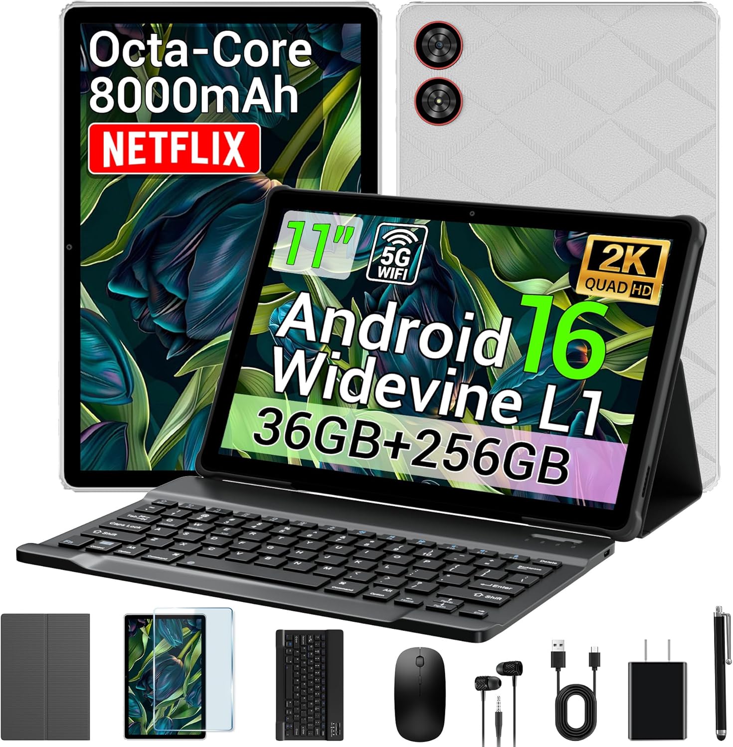 2026 Android 16 Tablet 11 Inch 2K IPS 36GB RAM 256GB ROM (1TB TF) with 3-in-1 Keyboard Mouse Stylus Case – T606 8-Core, 8000mAh, Widevine L1, 8+13MP, 5G/2.4G WiFi，PC Experience-Gray