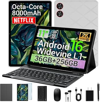 2026 Android 16 Tablet 11 Inch 2K IPS 36GB RAM 256GB ROM 1TB TF with 3-in-1 Keyboard Mouse Stylus Case T606 8-Core, 8000mAh, Widevine L1, 8+13MP, 5G/2.4G WiFi,PC Experience-Gray