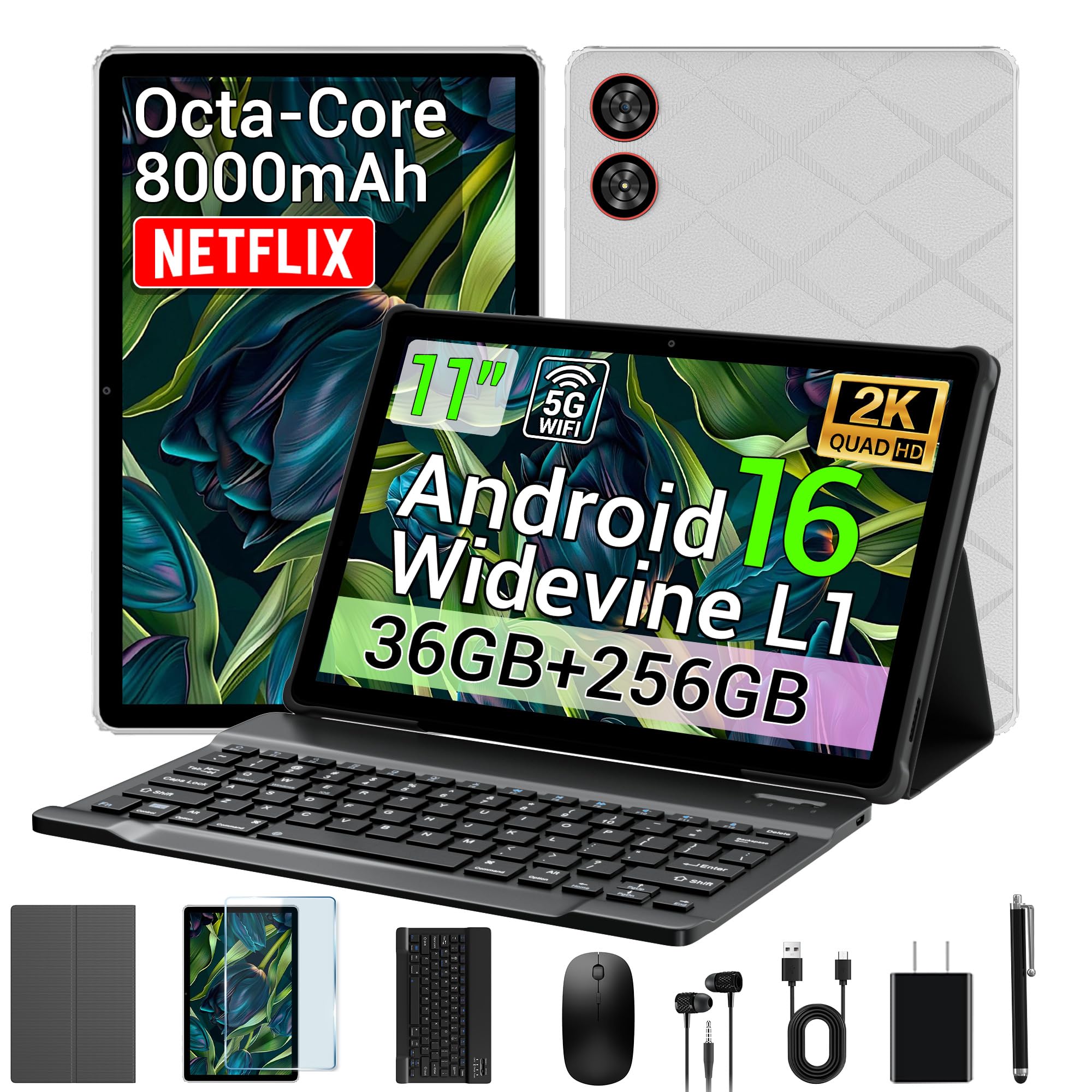 2026 Android 16 Tablet 11 Inch 2K IPS 36GB RAM 256GB ROM (1TB TF) with 3-in-1 Keyboard Mouse Stylus Case – T606 8-Core, 8000mAh, Widevine L1, 8+13MP, 5G/2.4G WiFi，PC Experience-Gray